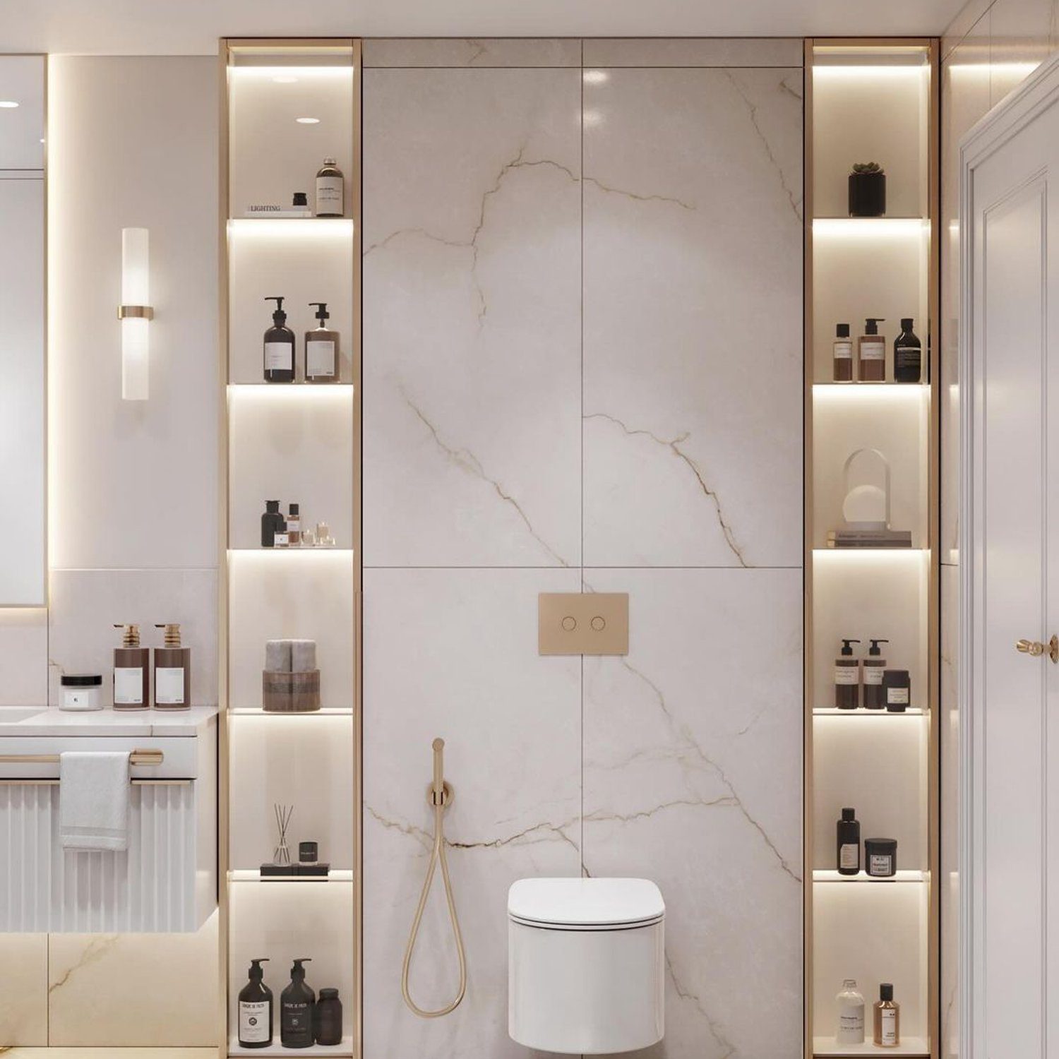 A modern bathroom with elegant marble walls and flooring, featuring illuminated shelving and a sleek, minimalist design