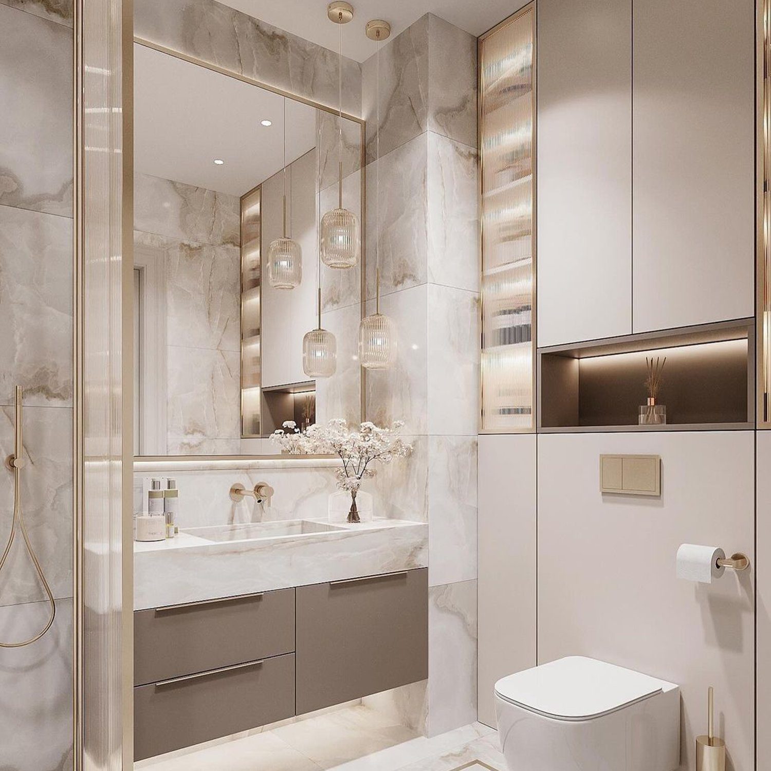 A modern bathroom with elegant marble finishes