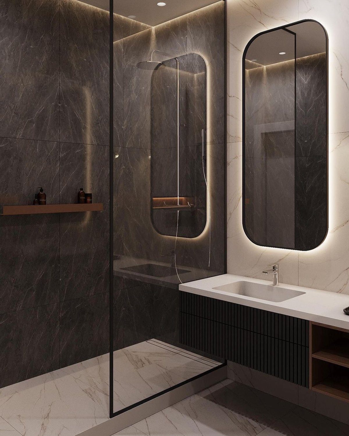 Elegant marble bathroom with ambient lighting