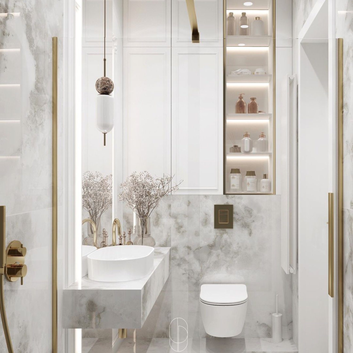 A luxurious marble bathroom featuring golden accents