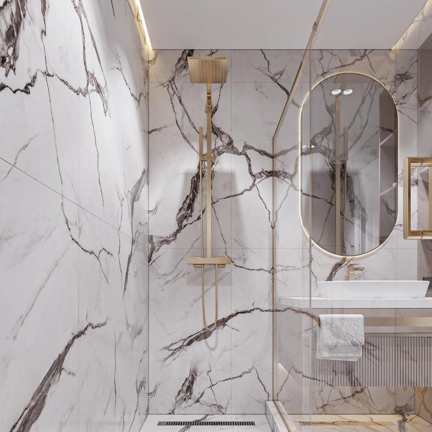 Elegant bathroom with marble walls