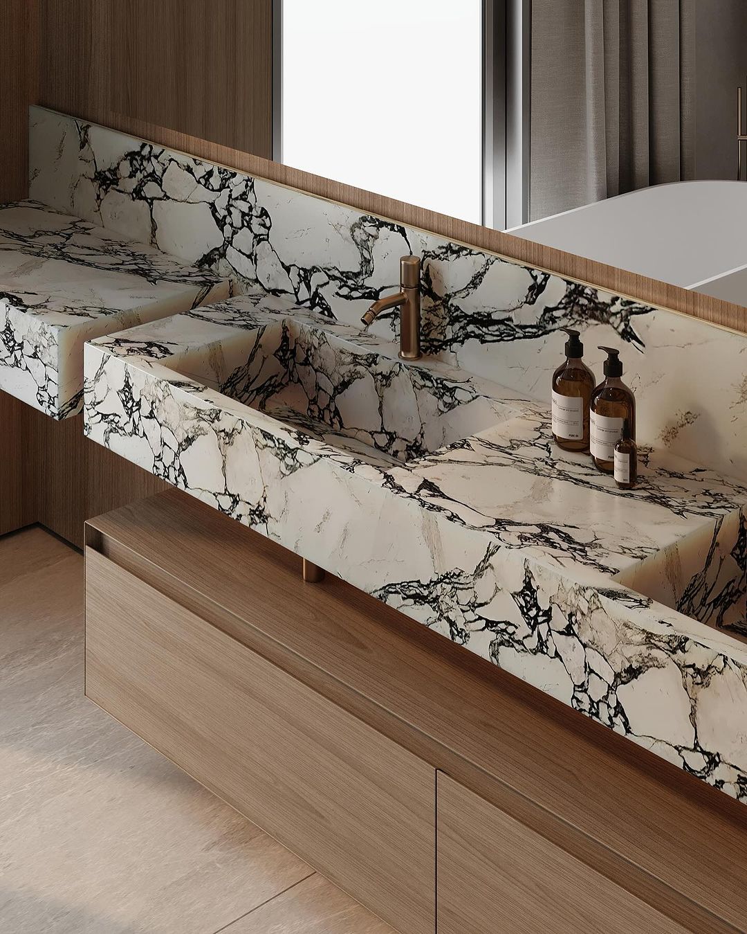 Modern marble bathroom with sleek wooden vanity