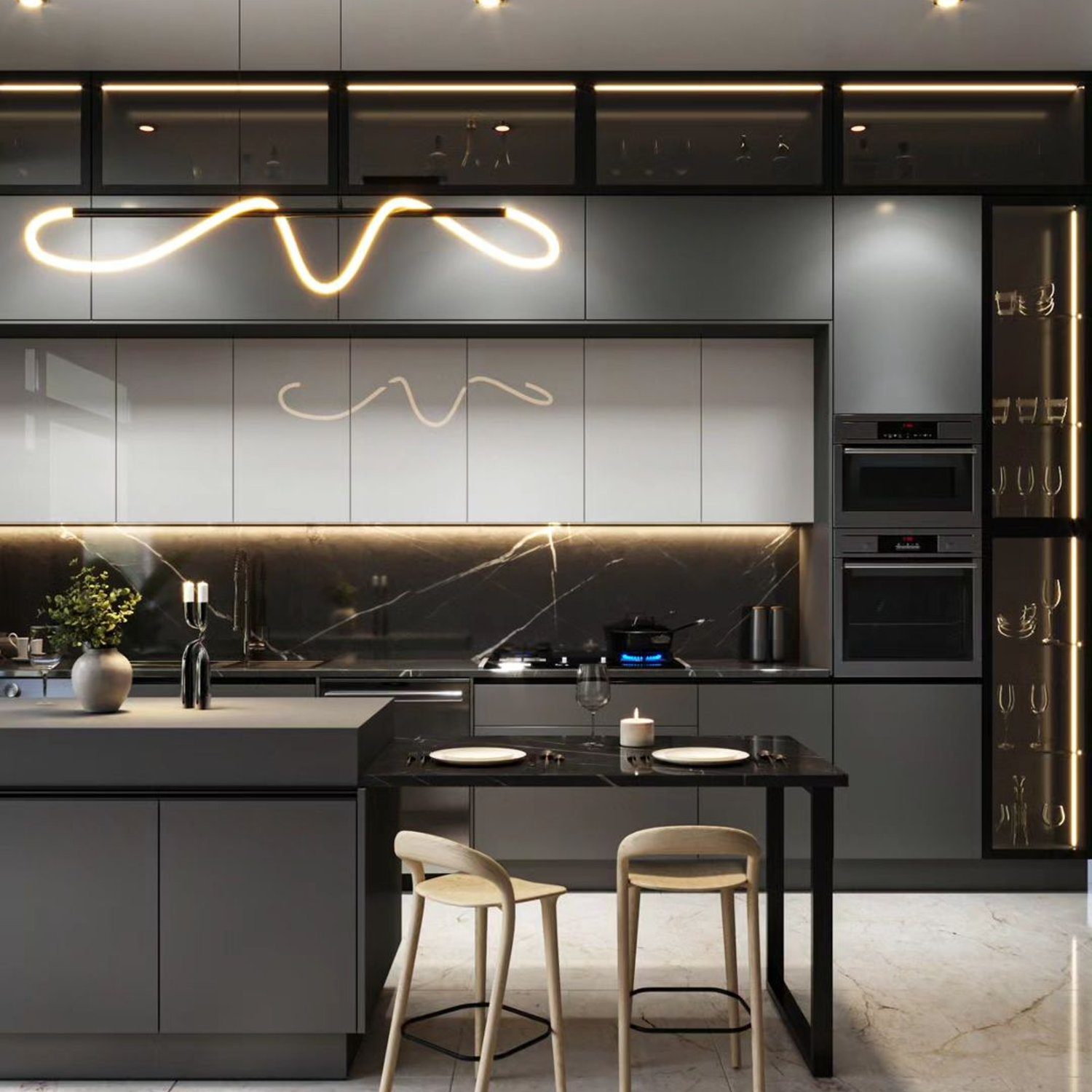 Stylish and modern kitchen with marble accents