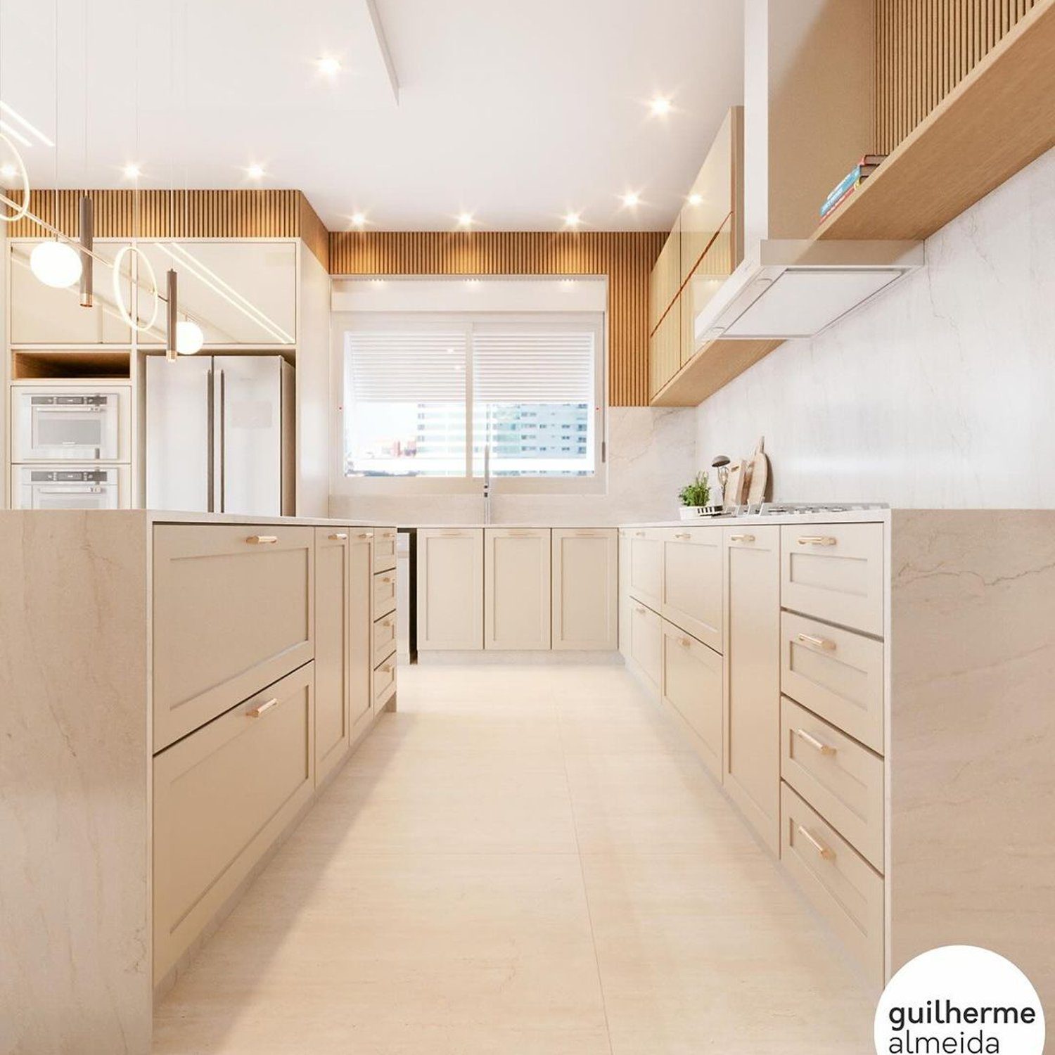 Elegantly designed modern kitchen with a cohesive blend of light wood tones and creamy marble finishes