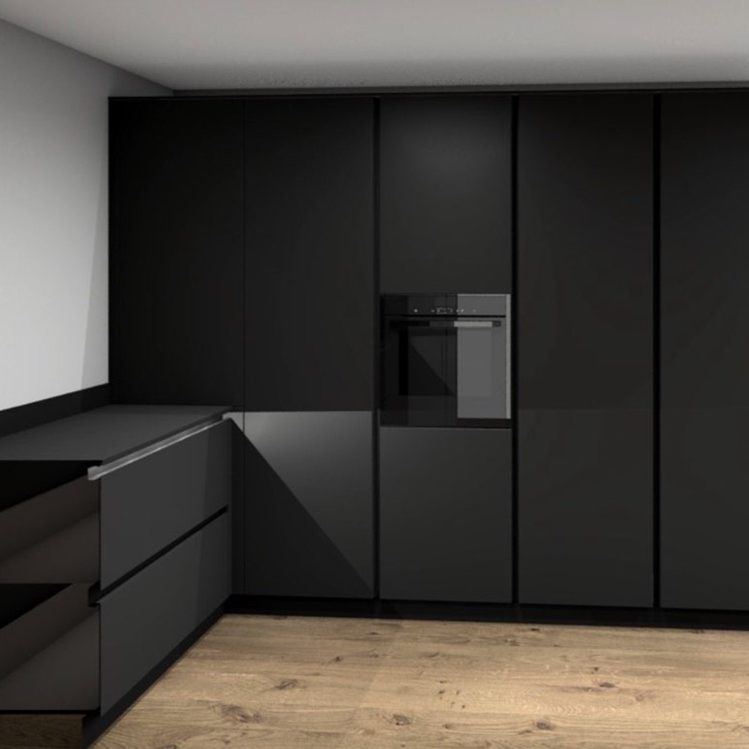 A sleek modern kitchen with matte black cabinetry