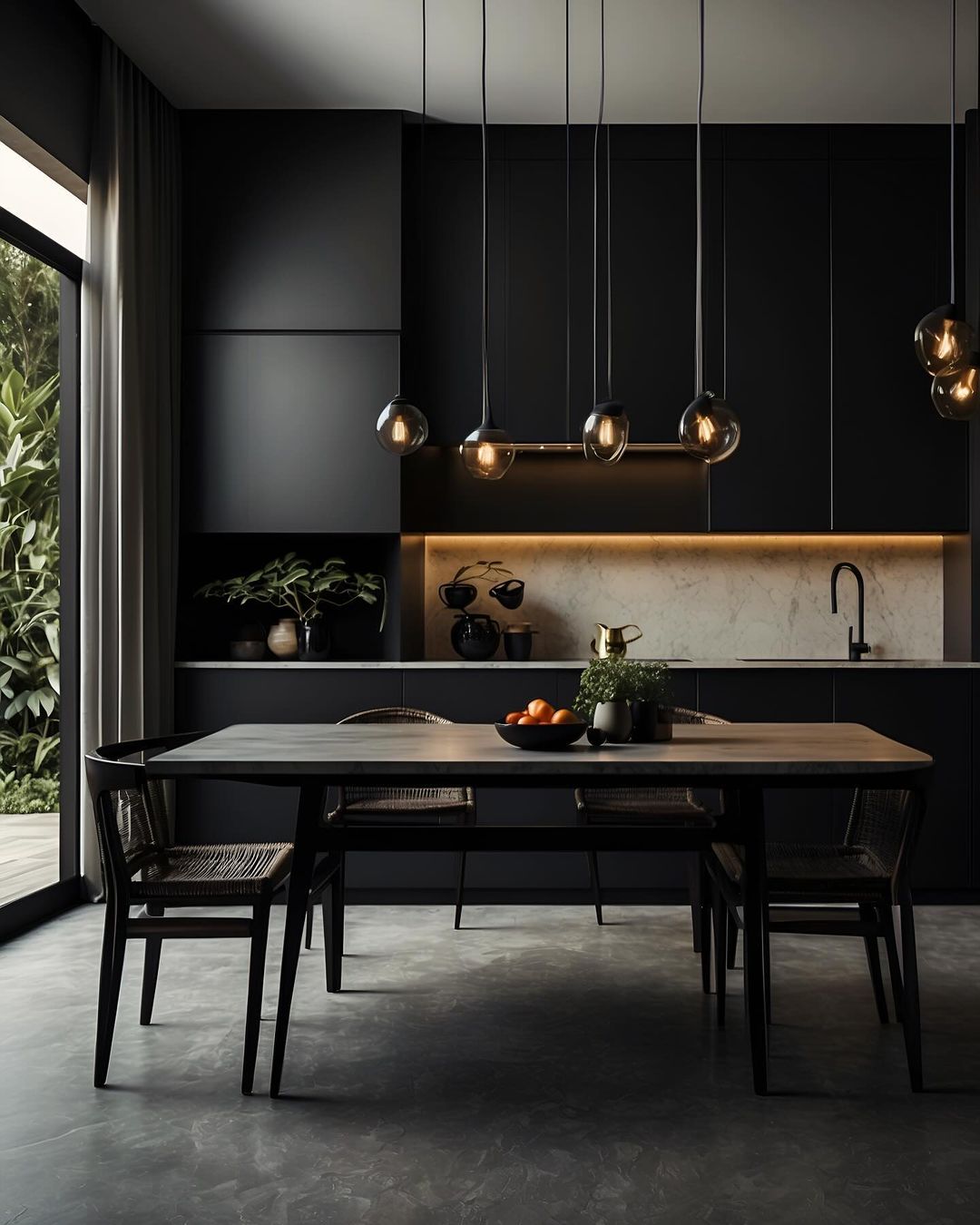 A sleek, modern kitchen featuring a matte black color palette with metallic accents and a marble backsplash.