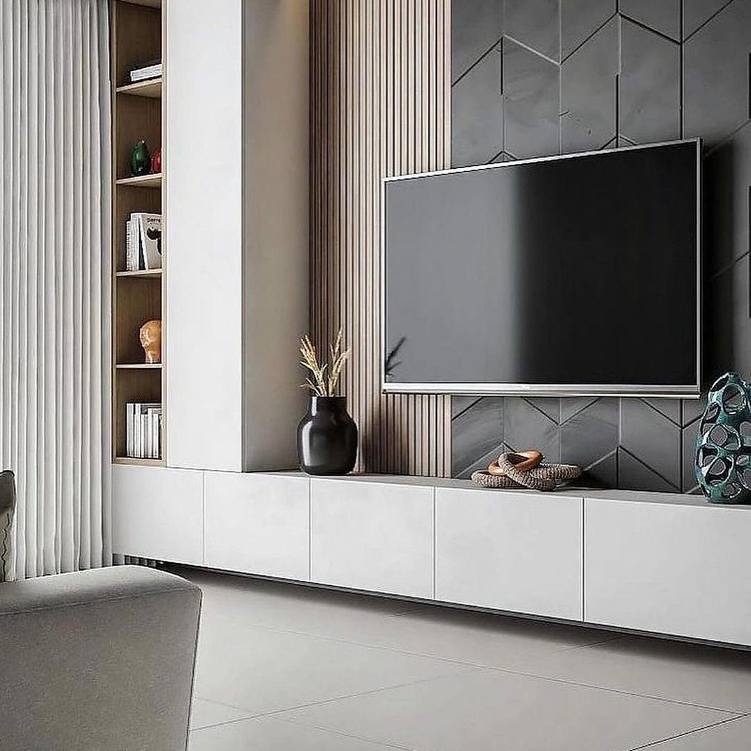 A modern living room featuring an elegant media wall