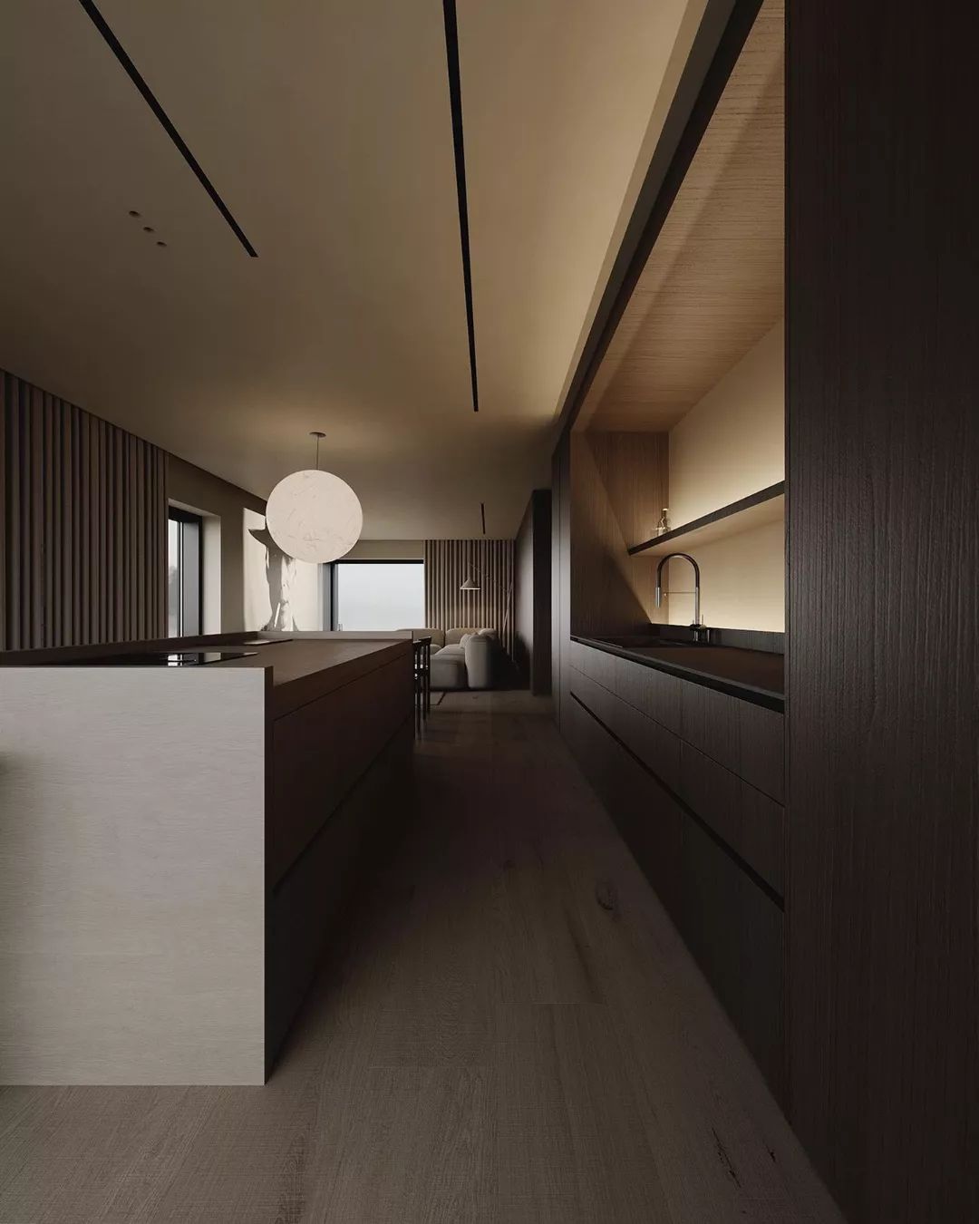 A minimalist kitchen with dark wood tones and subtle lighting