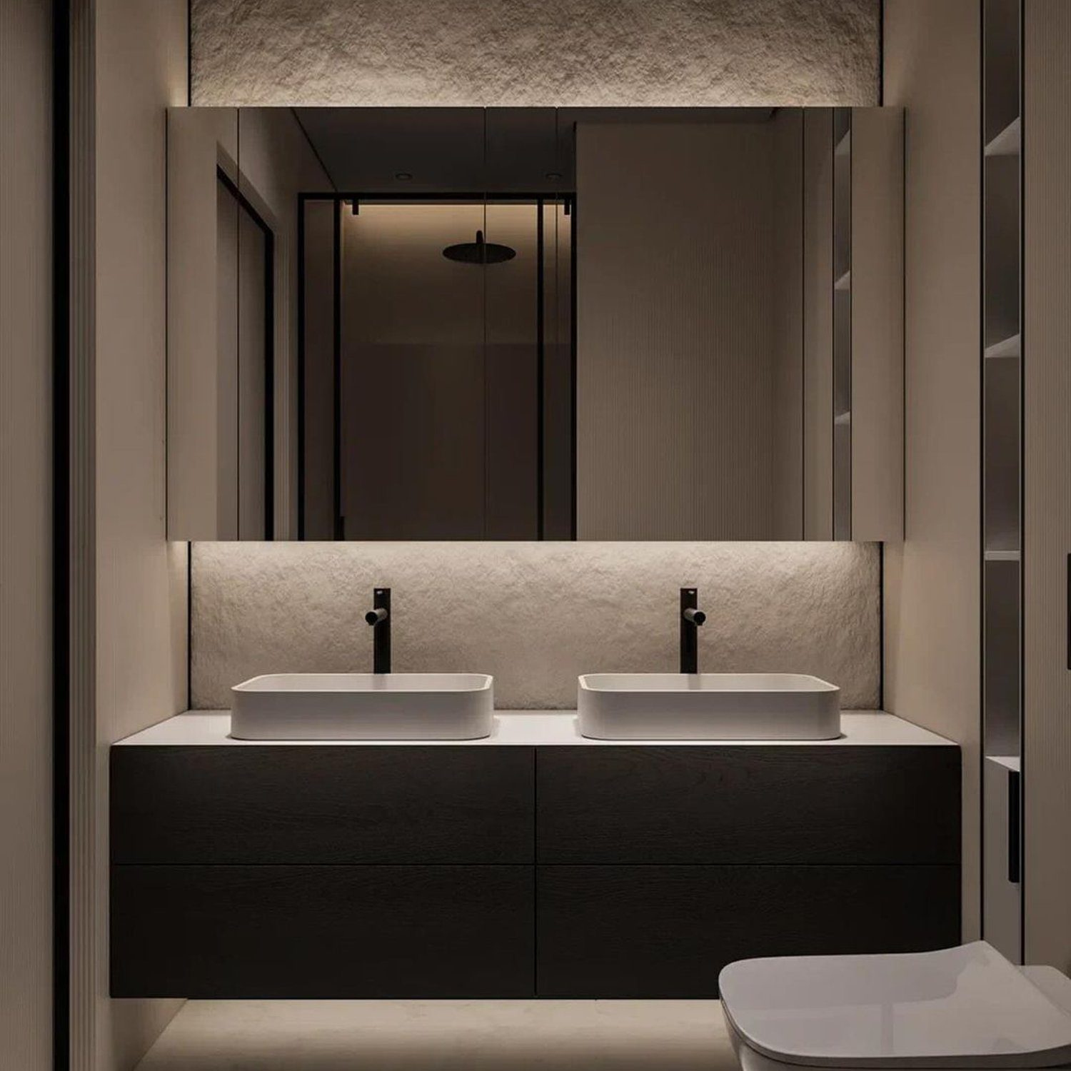 A modern minimalist bathroom featuring sleek lines and ambient lighting