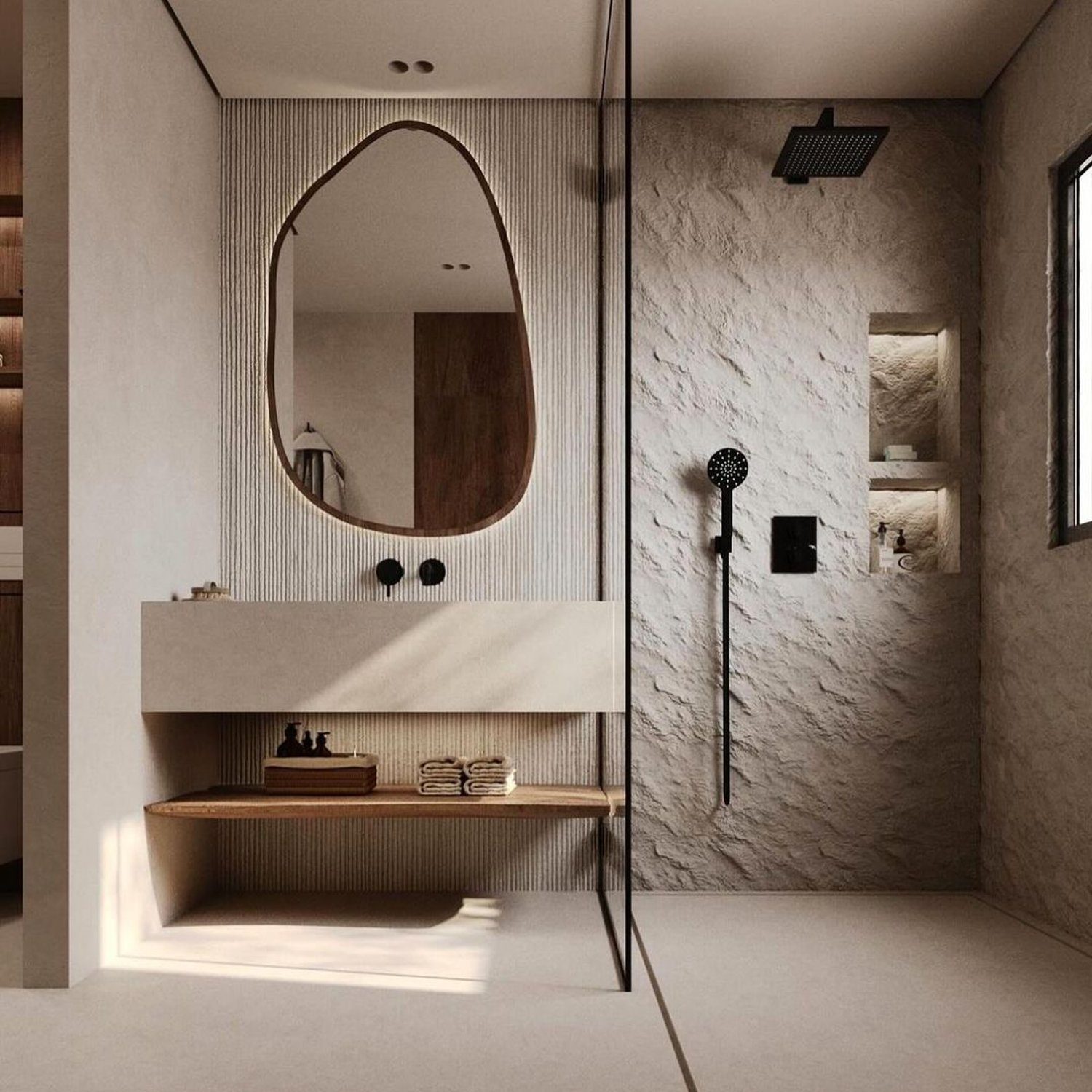 A modern bathroom with a minimalist design featuring textured walls