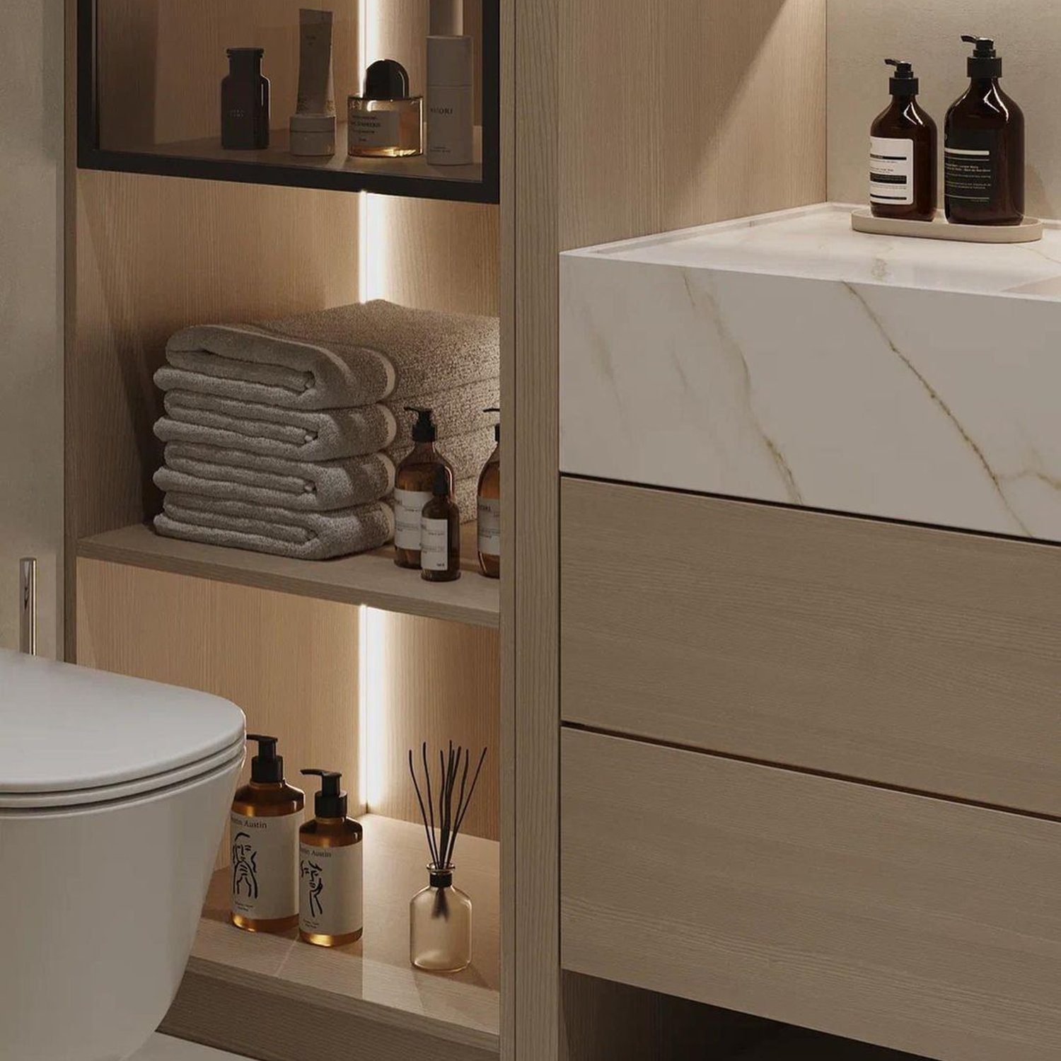 A minimalist bathroom featuring neutral tones and sleek design elements