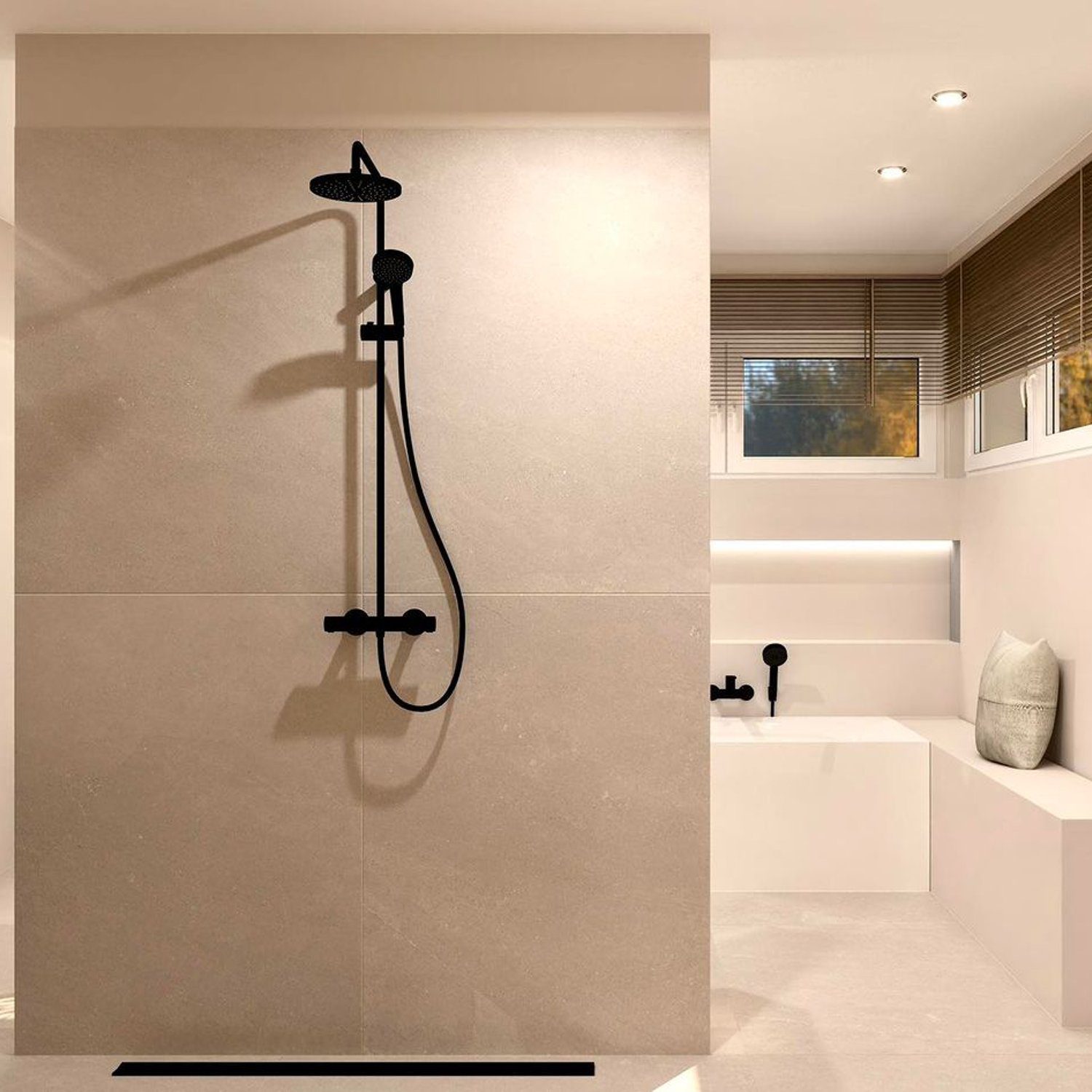 Modern minimalist bathroom with beige tiles