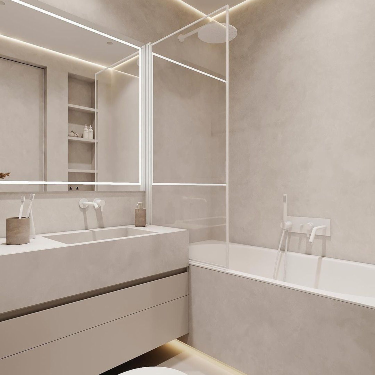 A modern and minimalist bathroom with ambient lighting