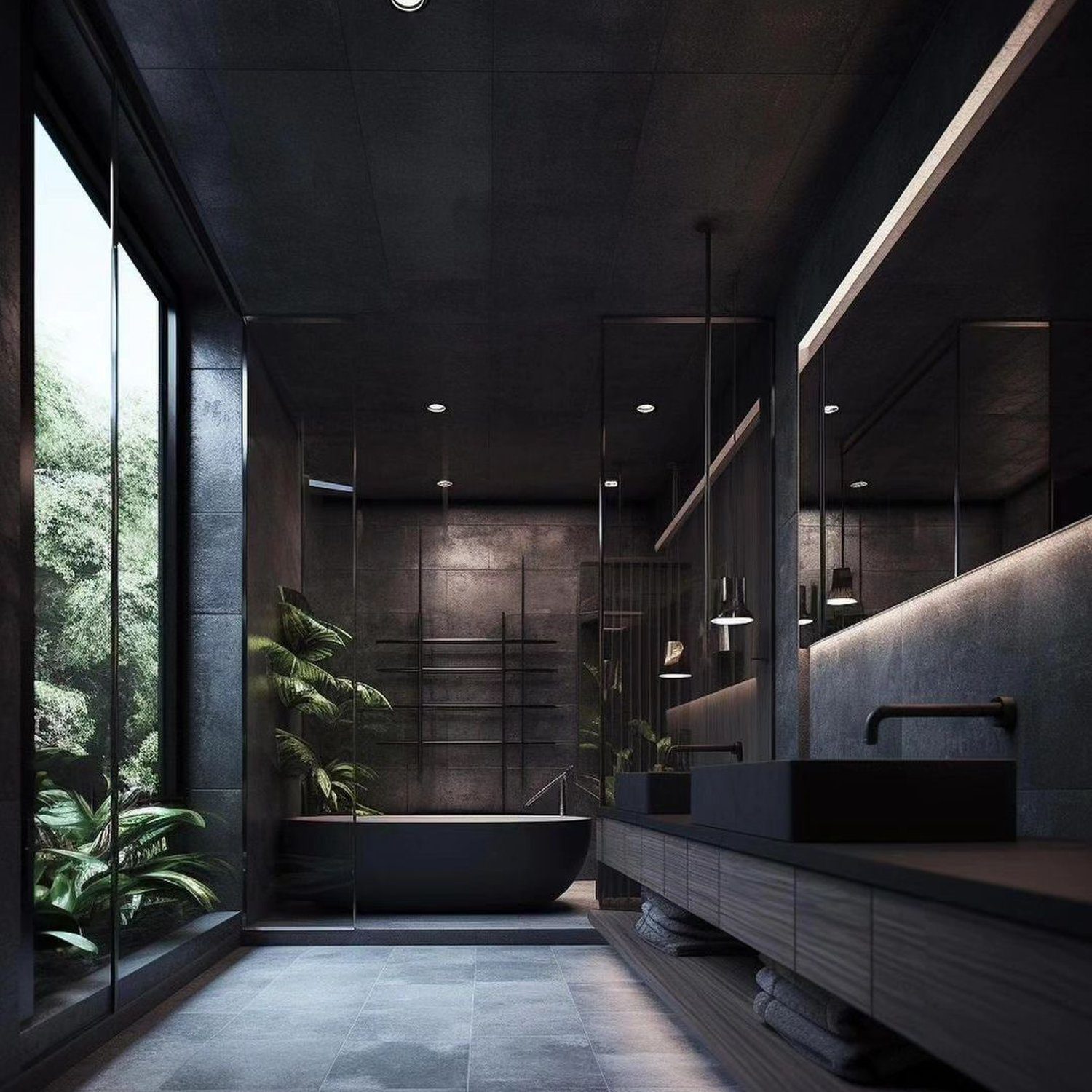 A modern bathroom with a minimalist design featuring a freestanding bathtub, dark tones, and natural light filtering through large windows.