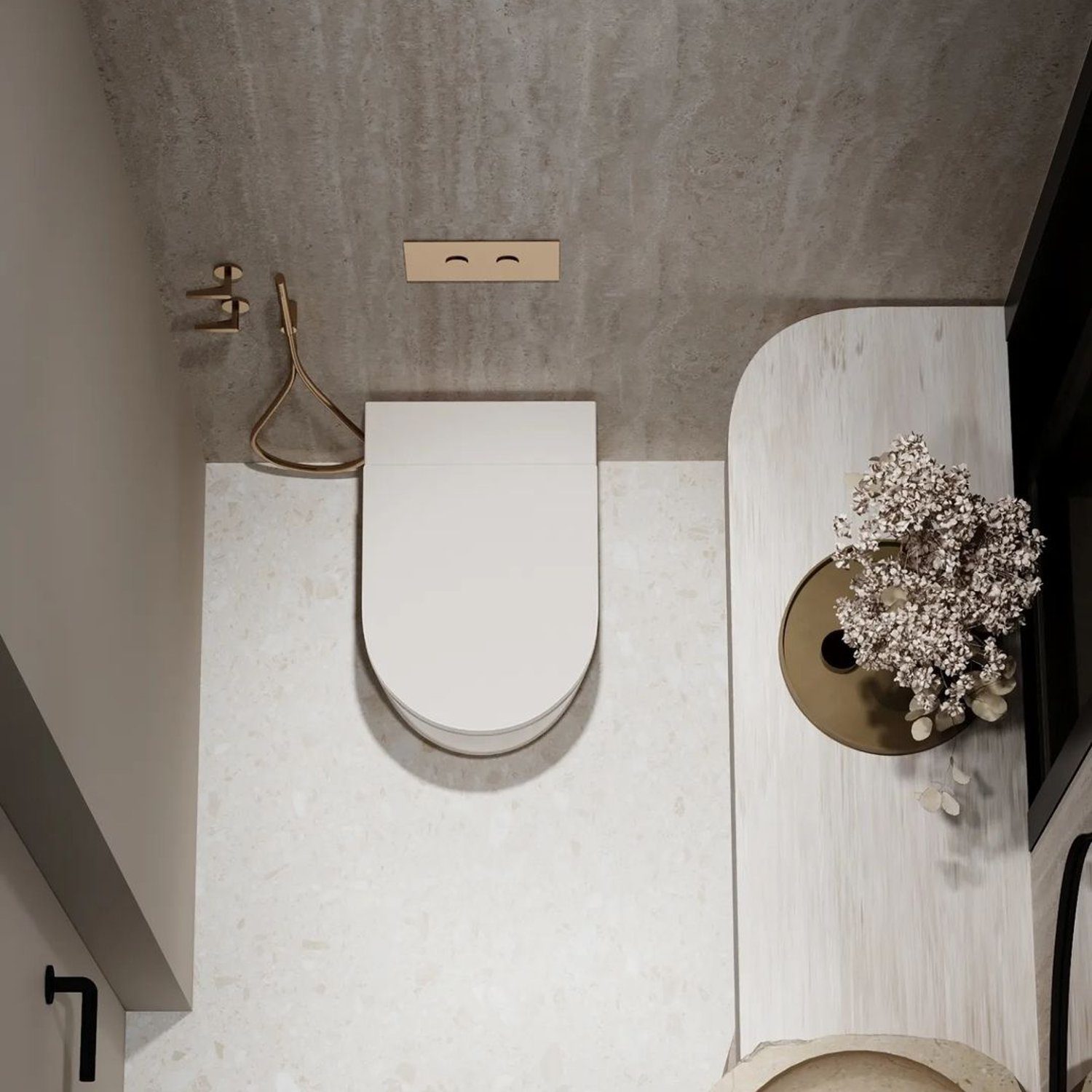 A minimalist bathroom featuring a sleek concrete ceiling, a modern wall-mounted toilet, and a wooden countertop with an elegant gold basin