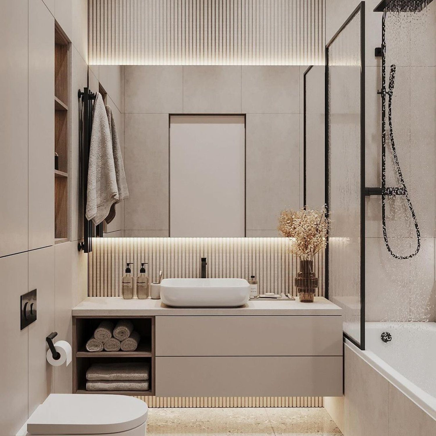 A modern and minimalist bathroom with neutral tones