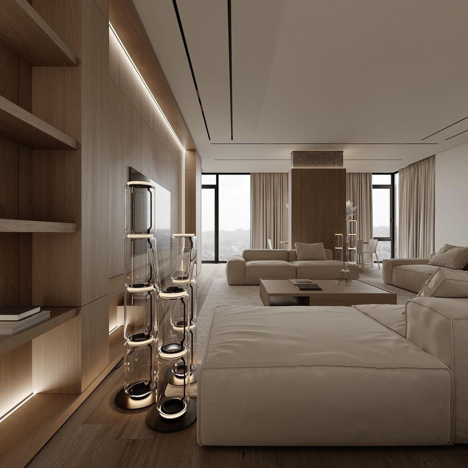 A modern minimalist bedroom with panoramic views