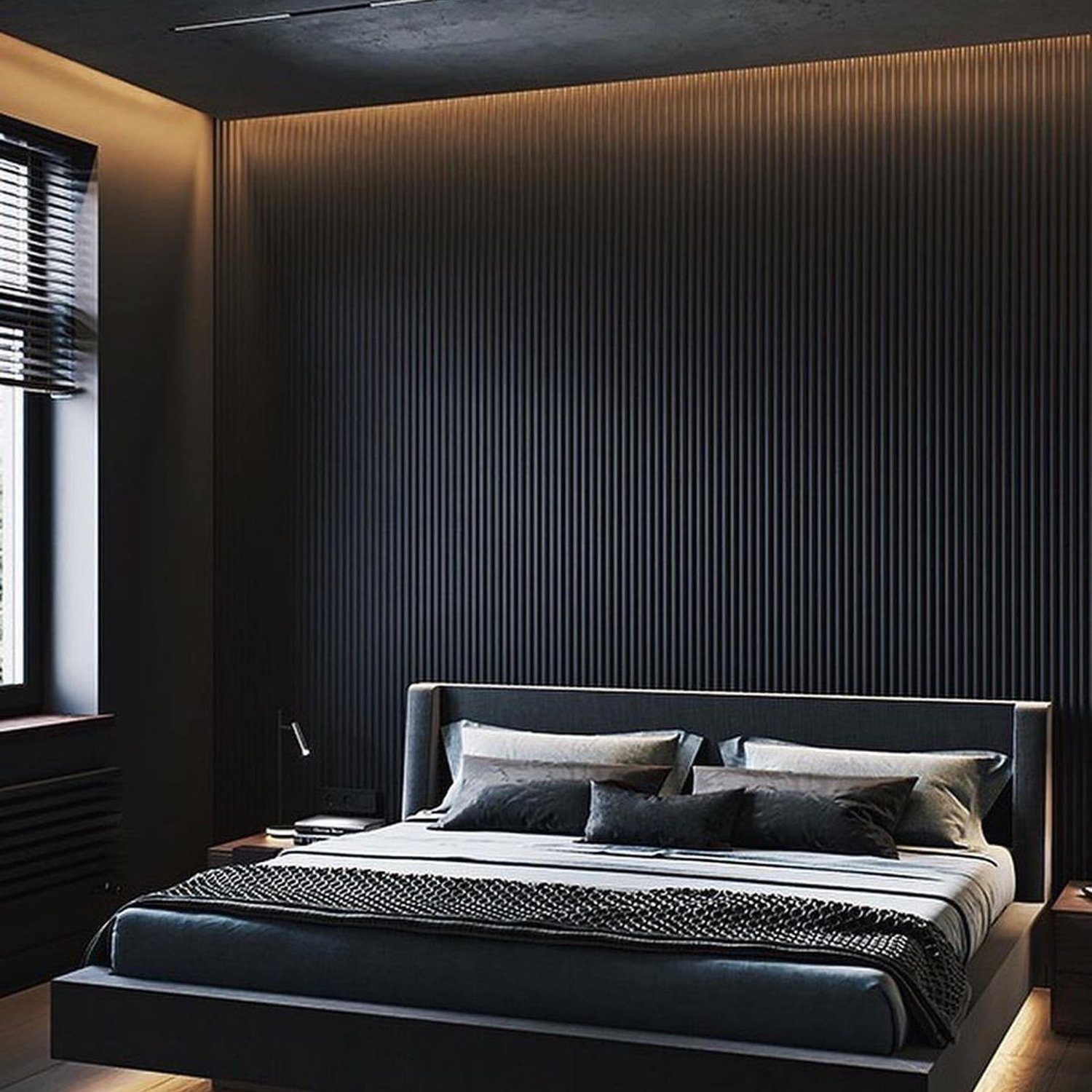 A modern and minimalist bedroom with sleek design features