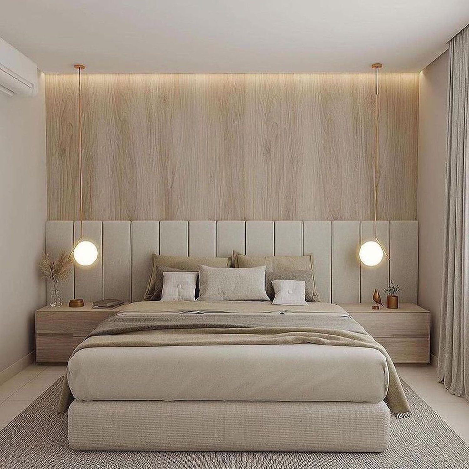 A serene and sophisticated bedroom featuring a plush bed with a padded headboard, flanked by two minimalist bedside tables with globe lights, all set against a backdrop of warm wooden paneling.