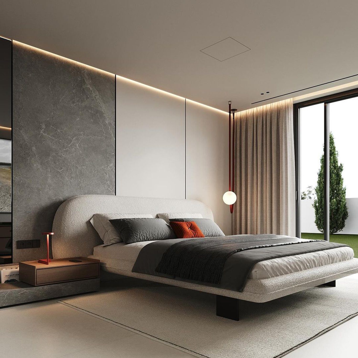 A modern minimalist bedroom featuring a large bed with gray and orange accents