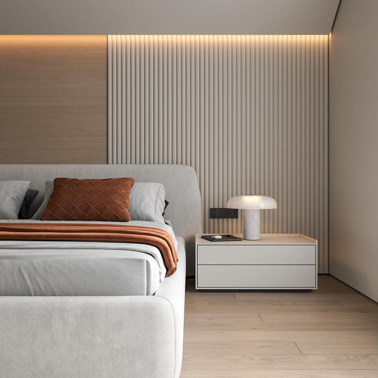 Modern minimalist bedroom with ambient lighting