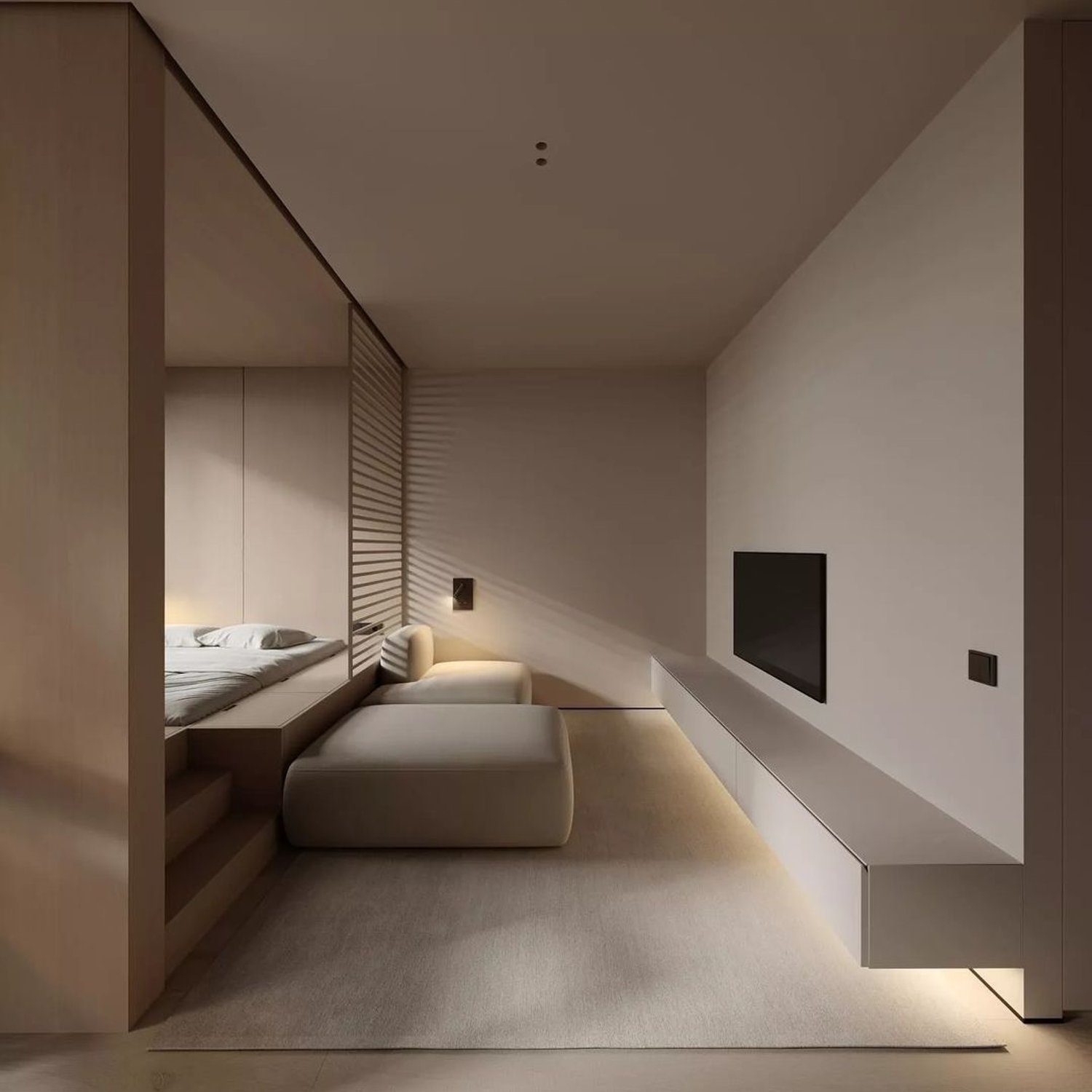 A minimalist bedroom showcasing a sleek design