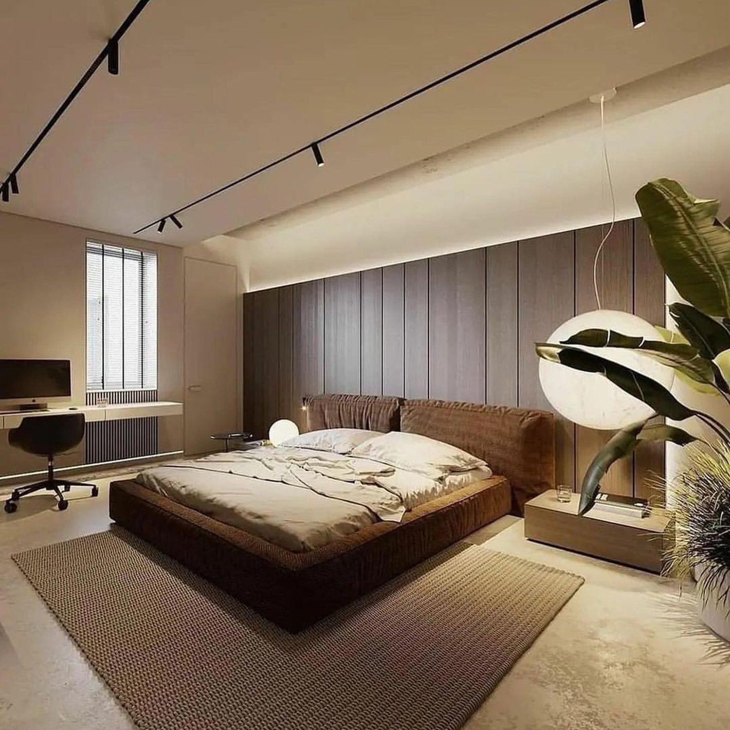 A modern minimalist bedroom with ample natural light