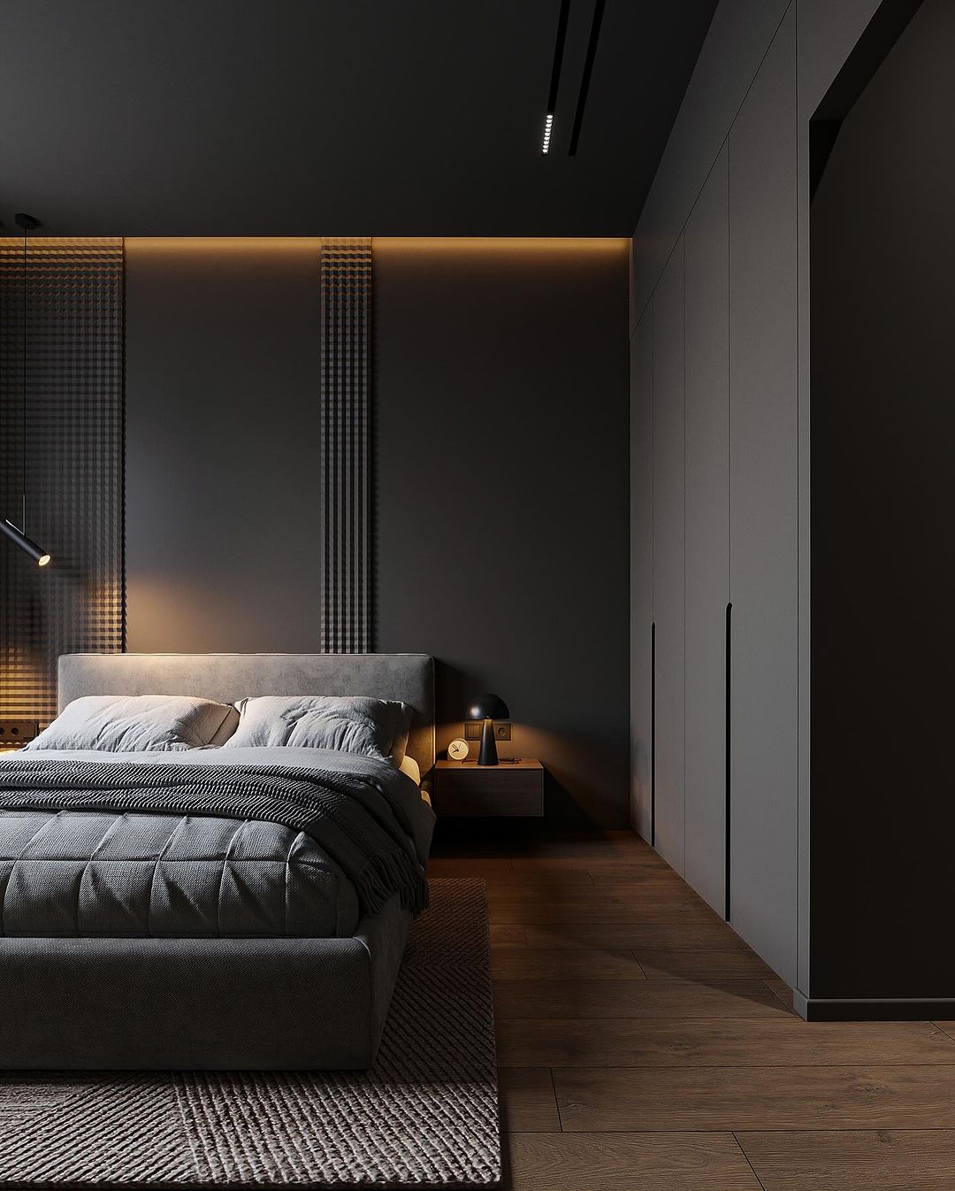 A modern minimalist bedroom featuring a luxurious padded bed