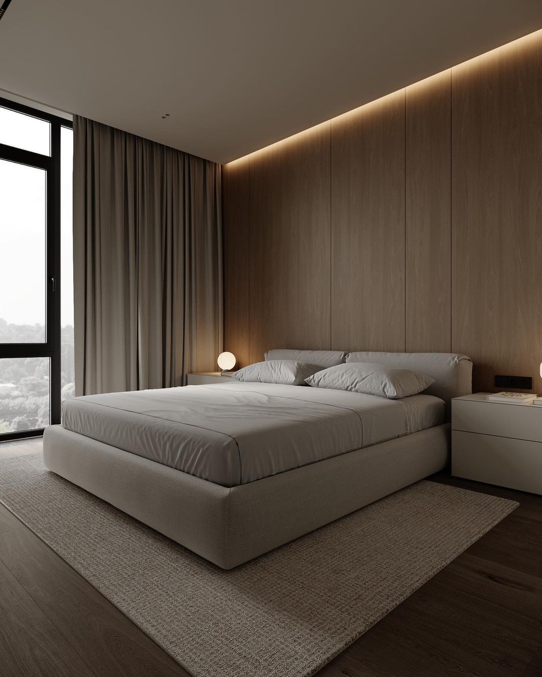 A modern minimalist bedroom with a large window