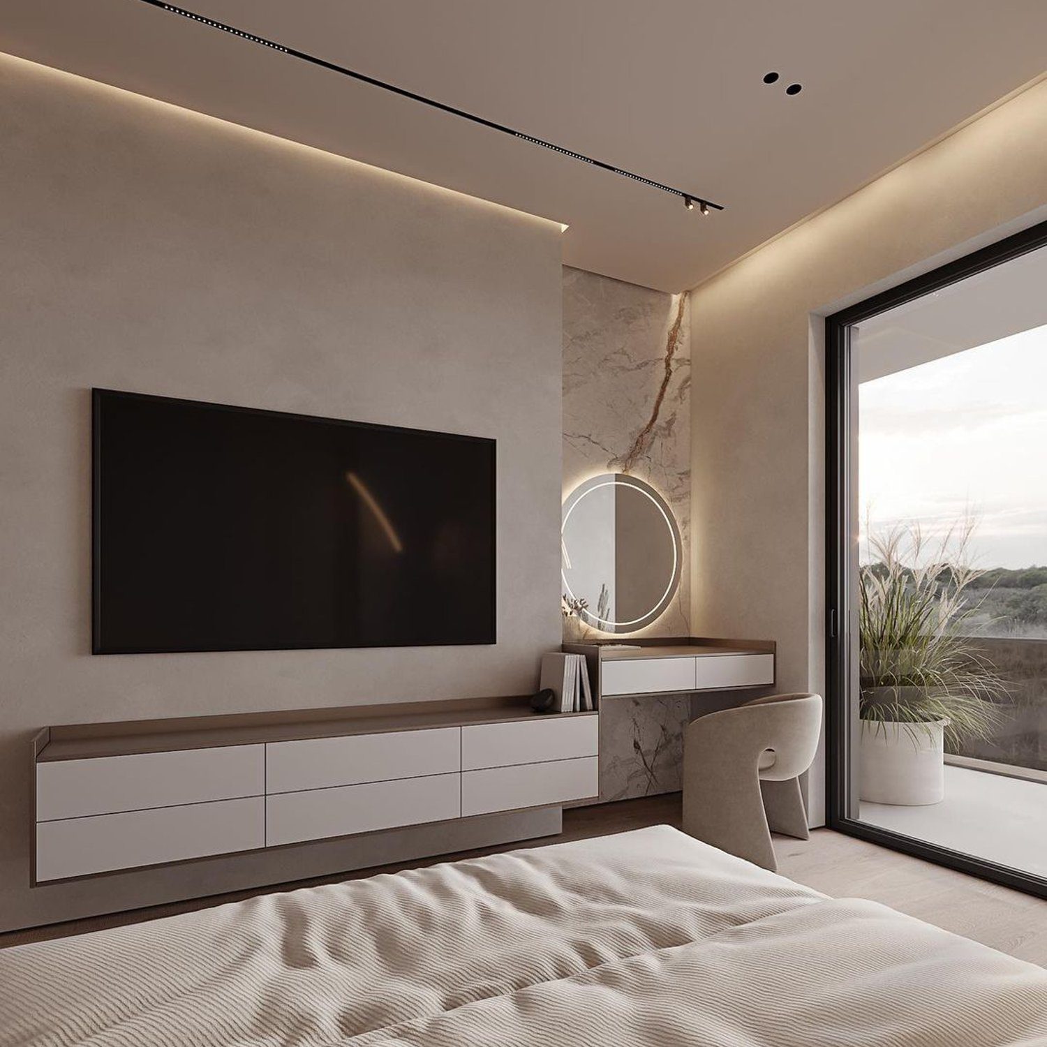 A modern minimalist bedroom with seamless design features