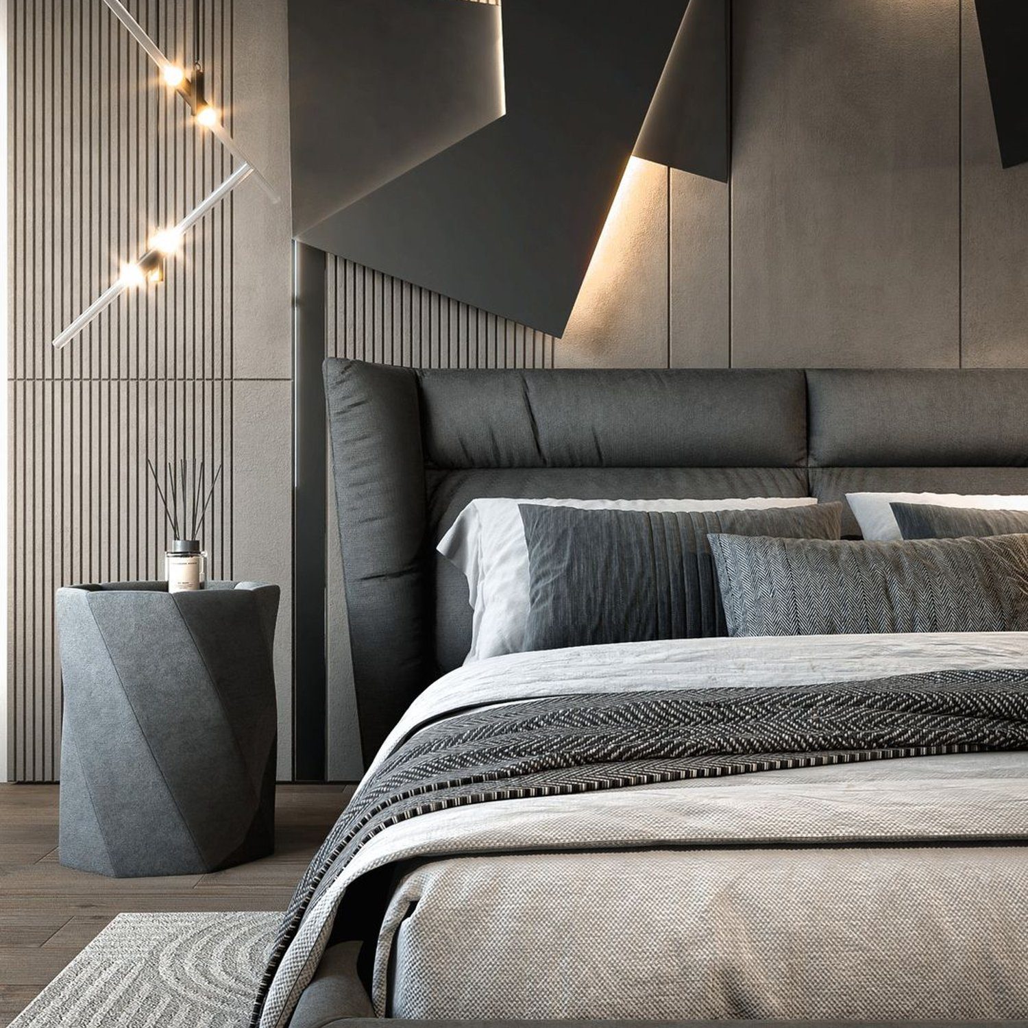 A modern minimalist bedroom design with geometric sophistication