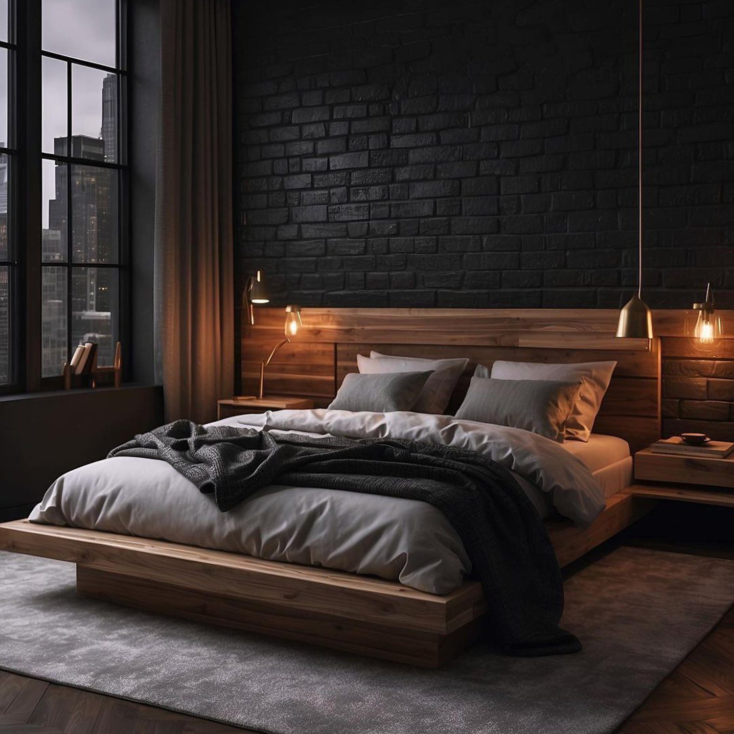 A modern minimalist bedroom featuring an elegant dark brick wall