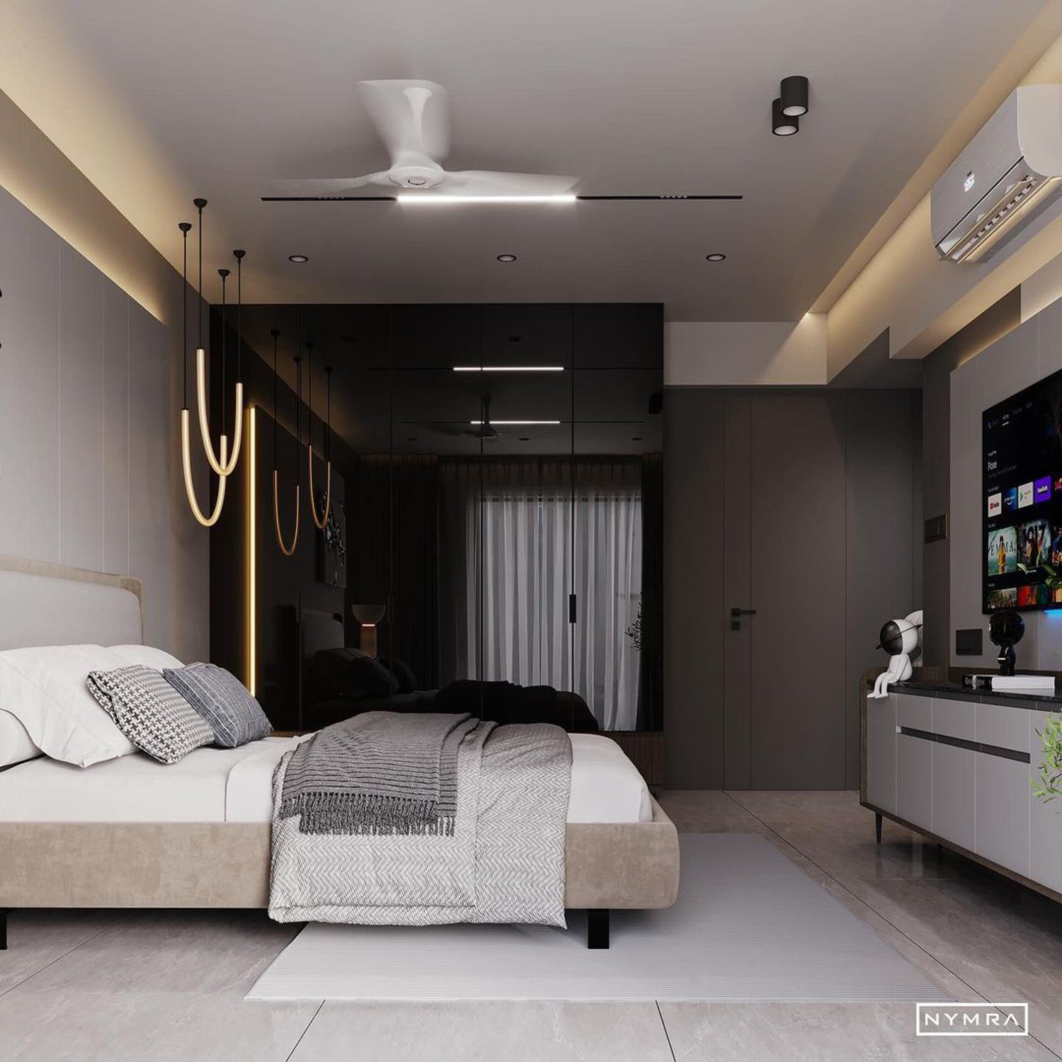 Modern minimalist bedroom design with ambient lighting