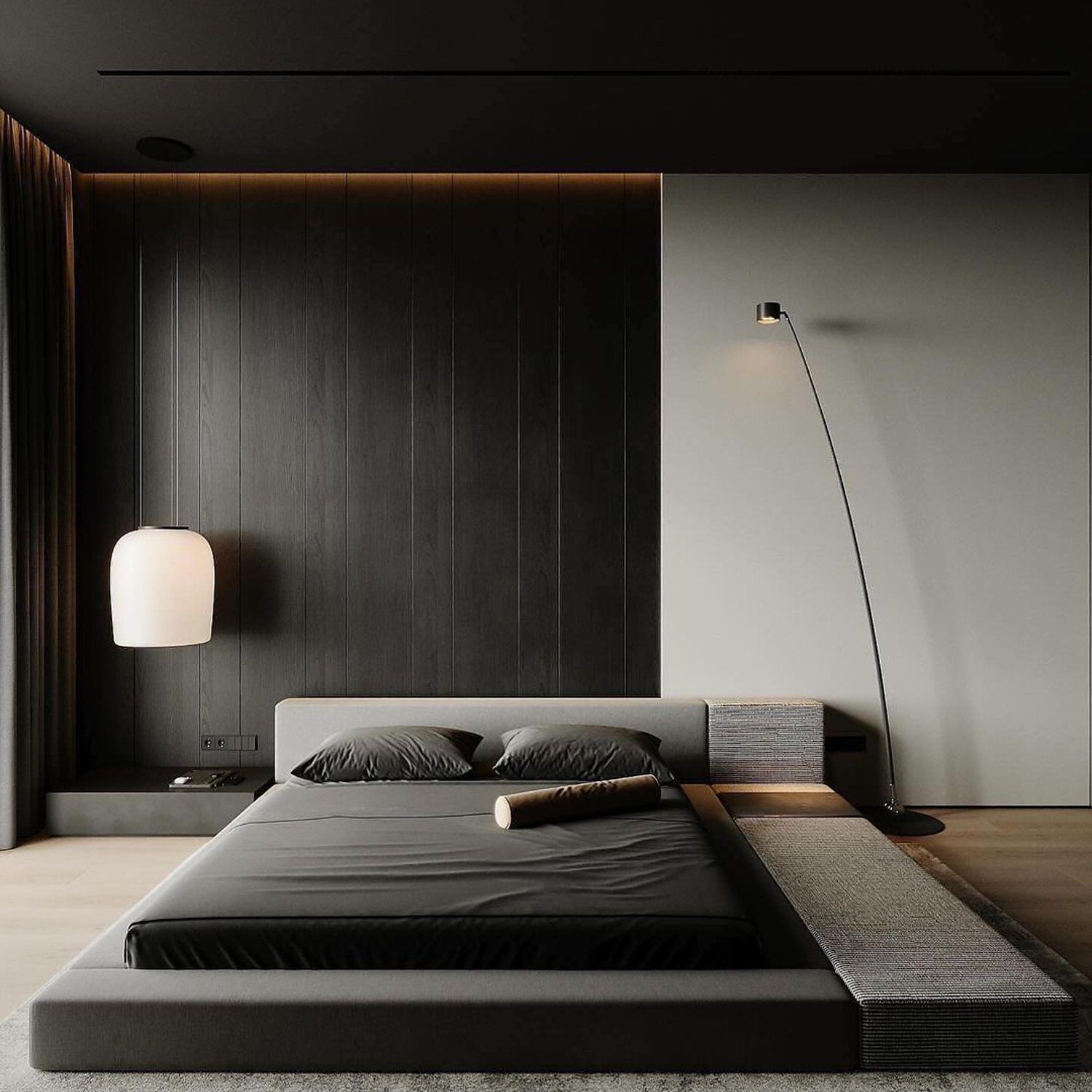 A minimalist bedroom with dark wood panels