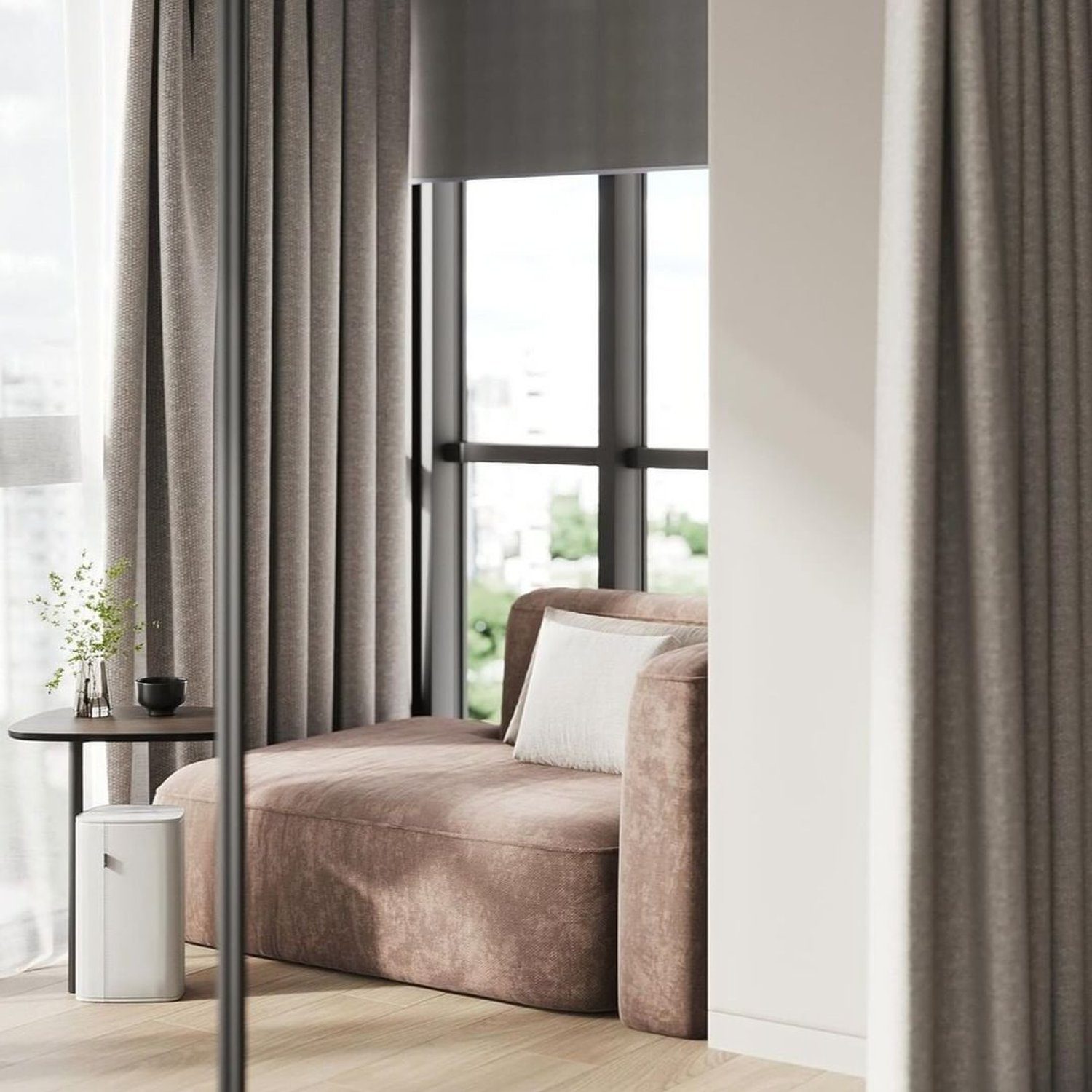 Elegantly simple bedroom corner with velvet lounger