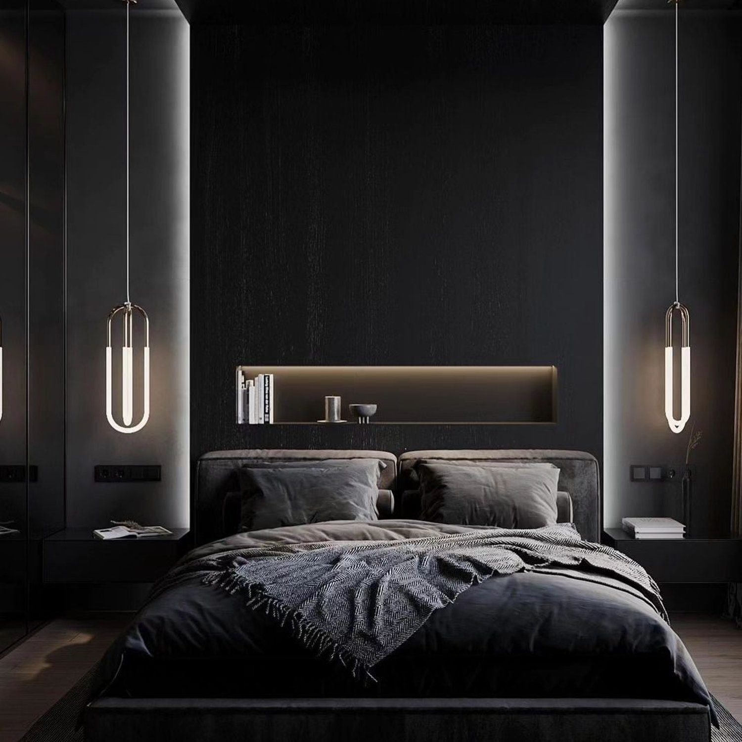 Modern minimalist bedroom with monochromatic design