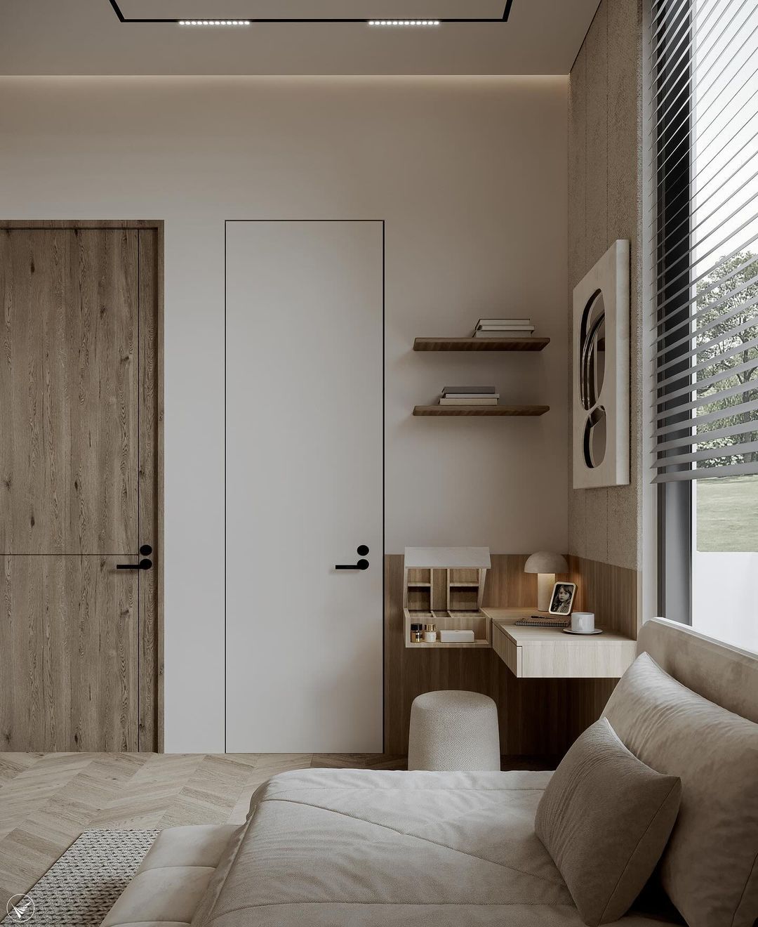 A modern minimalist bedroom with a wooden accent wall and built-in desk space