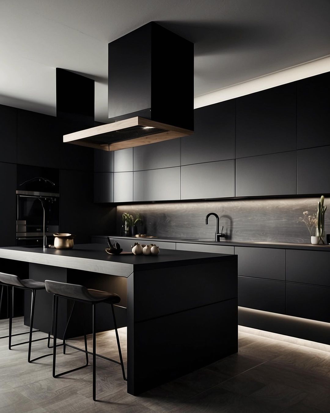 A modern kitchen with a minimalist design featuring all-black cabinetry and fixtures