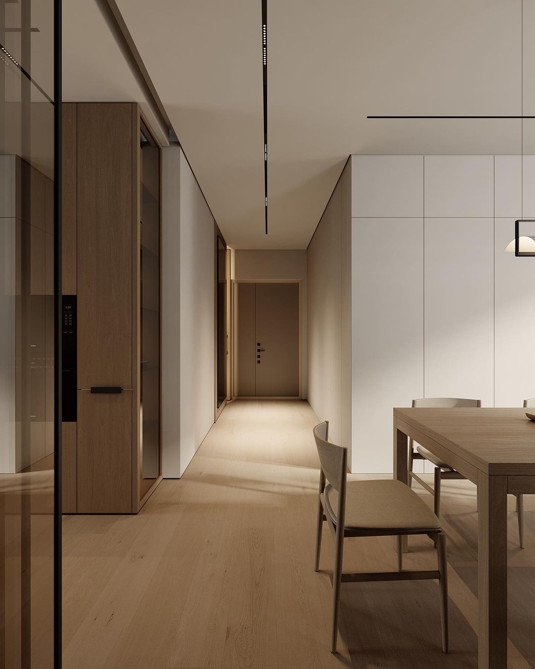 A modern minimalist corridor design with seamless integration of wood and neutral tones