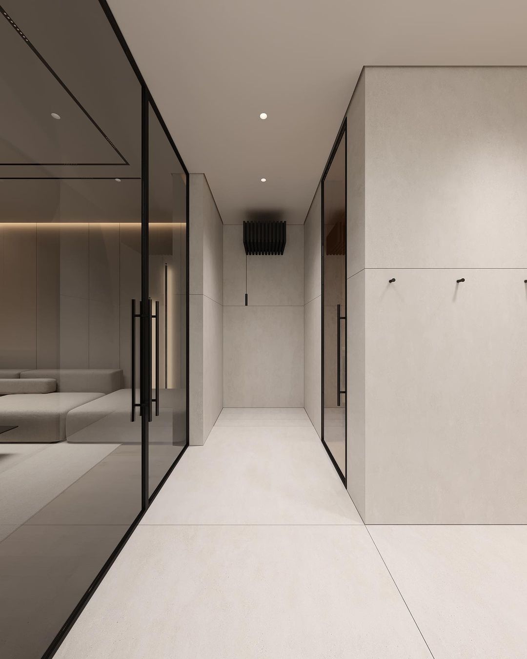 A modern minimalist corridor featuring sleek lines and a neutral color palette.