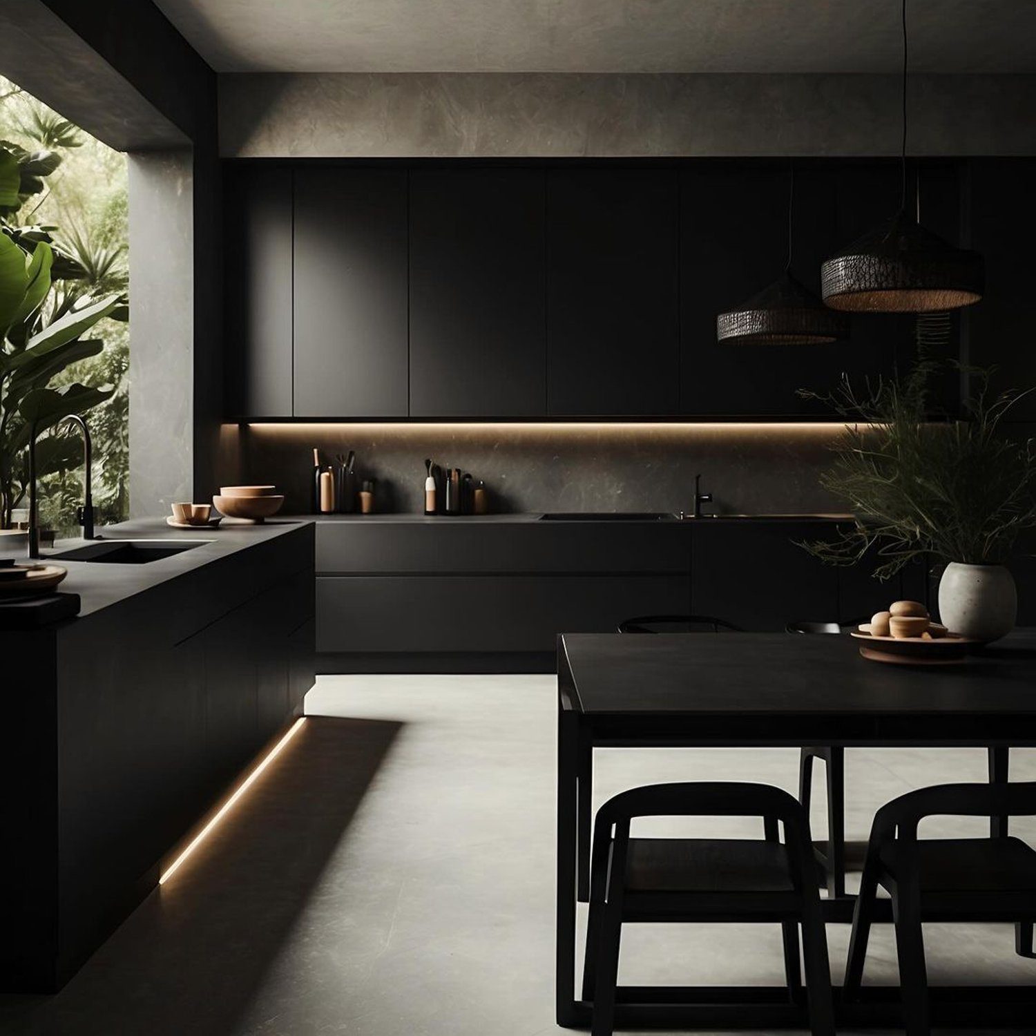 Modern minimalist kitchen featuring clean lines and dark tones