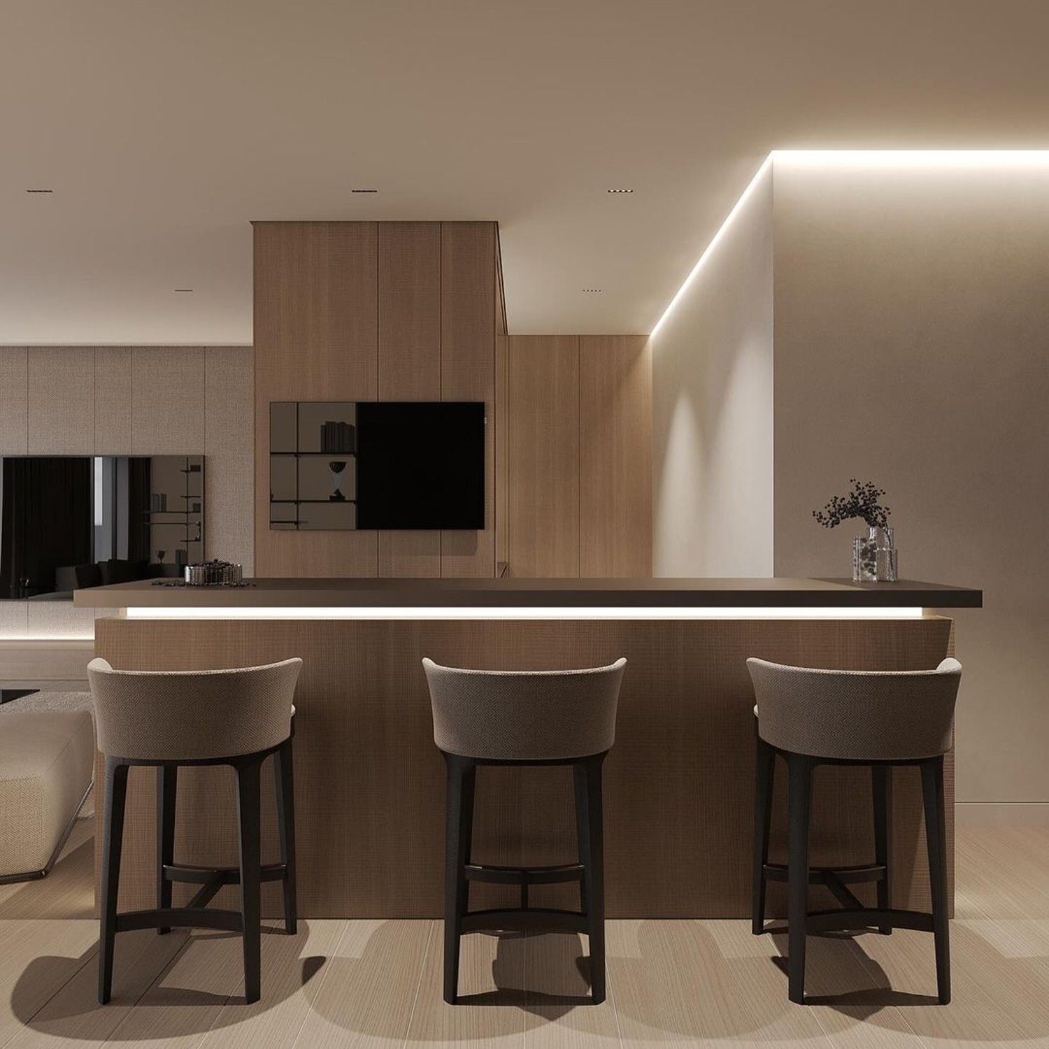 A sleek and modern kitchen featuring minimalist design with wood finishes and elegant lighting