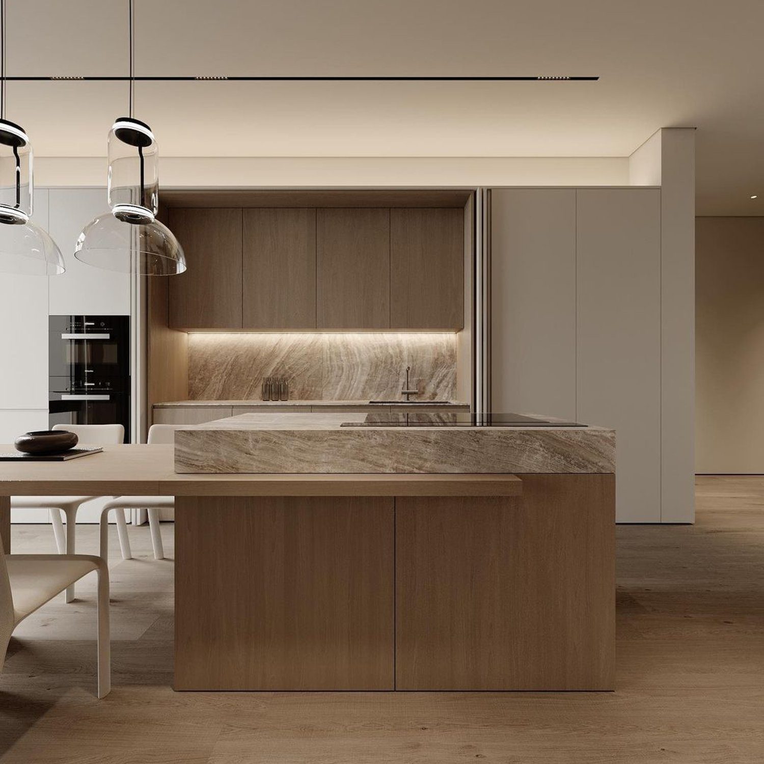 Modern minimalist kitchen with wooden and marble accents.