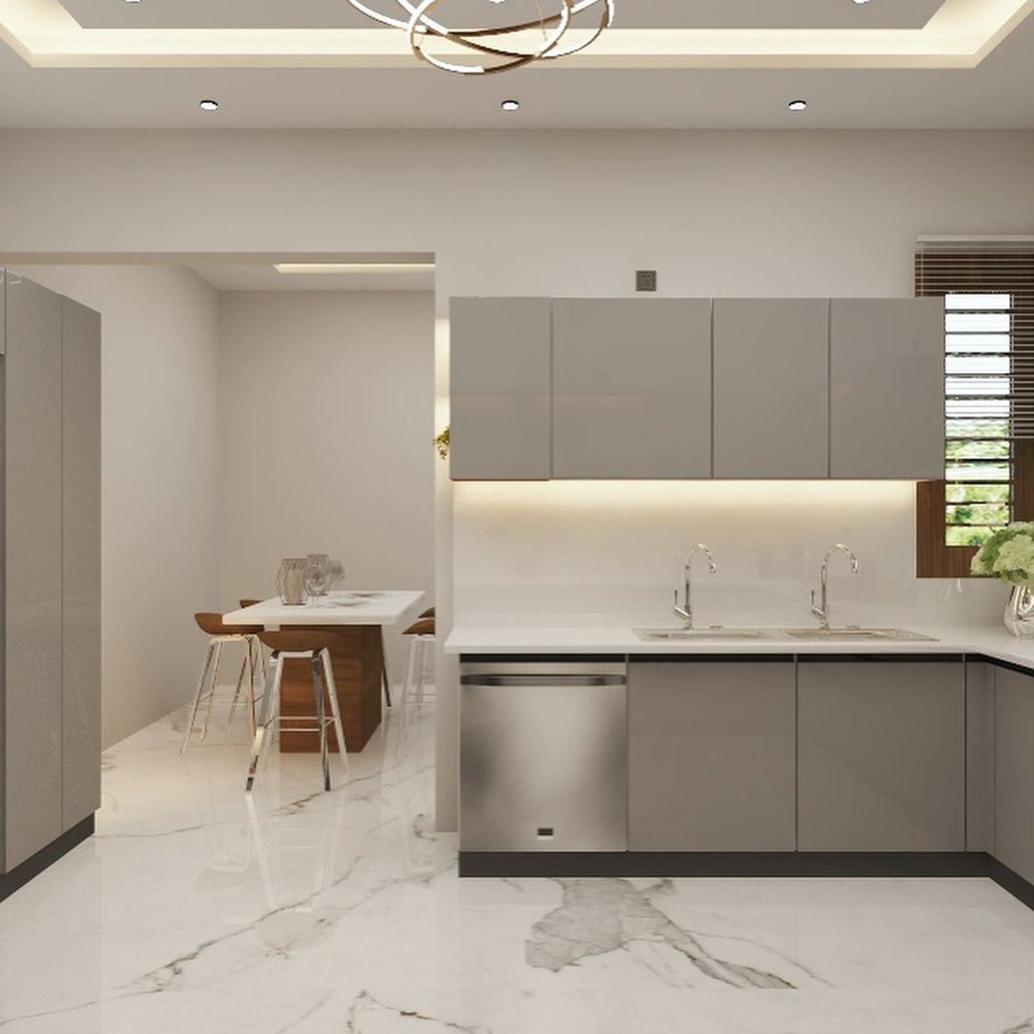 A modern minimalist kitchen seamlessly blending sleek grey cabinetry with a luxurious white marble floor