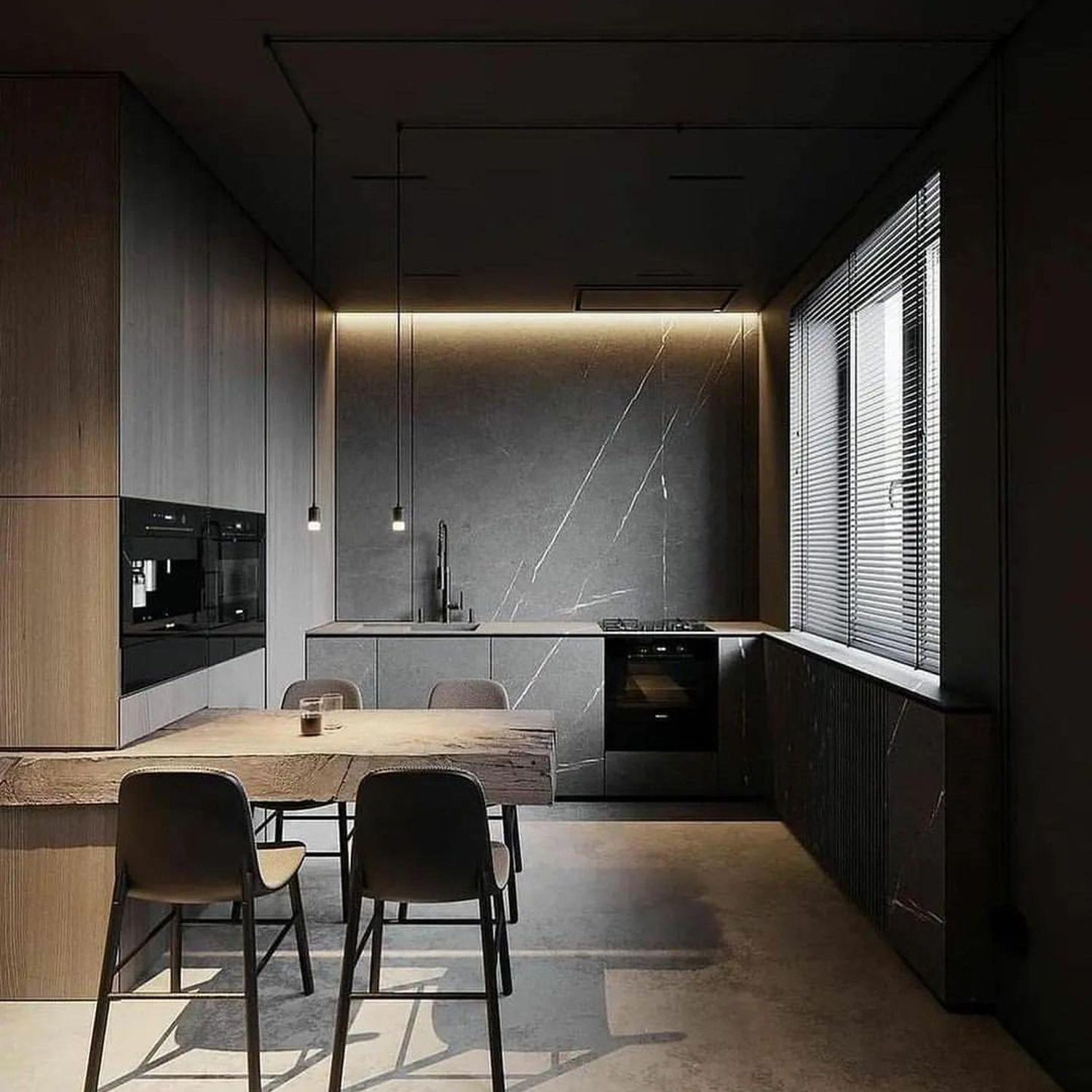 A modern minimalist kitchen with sleek dark tones