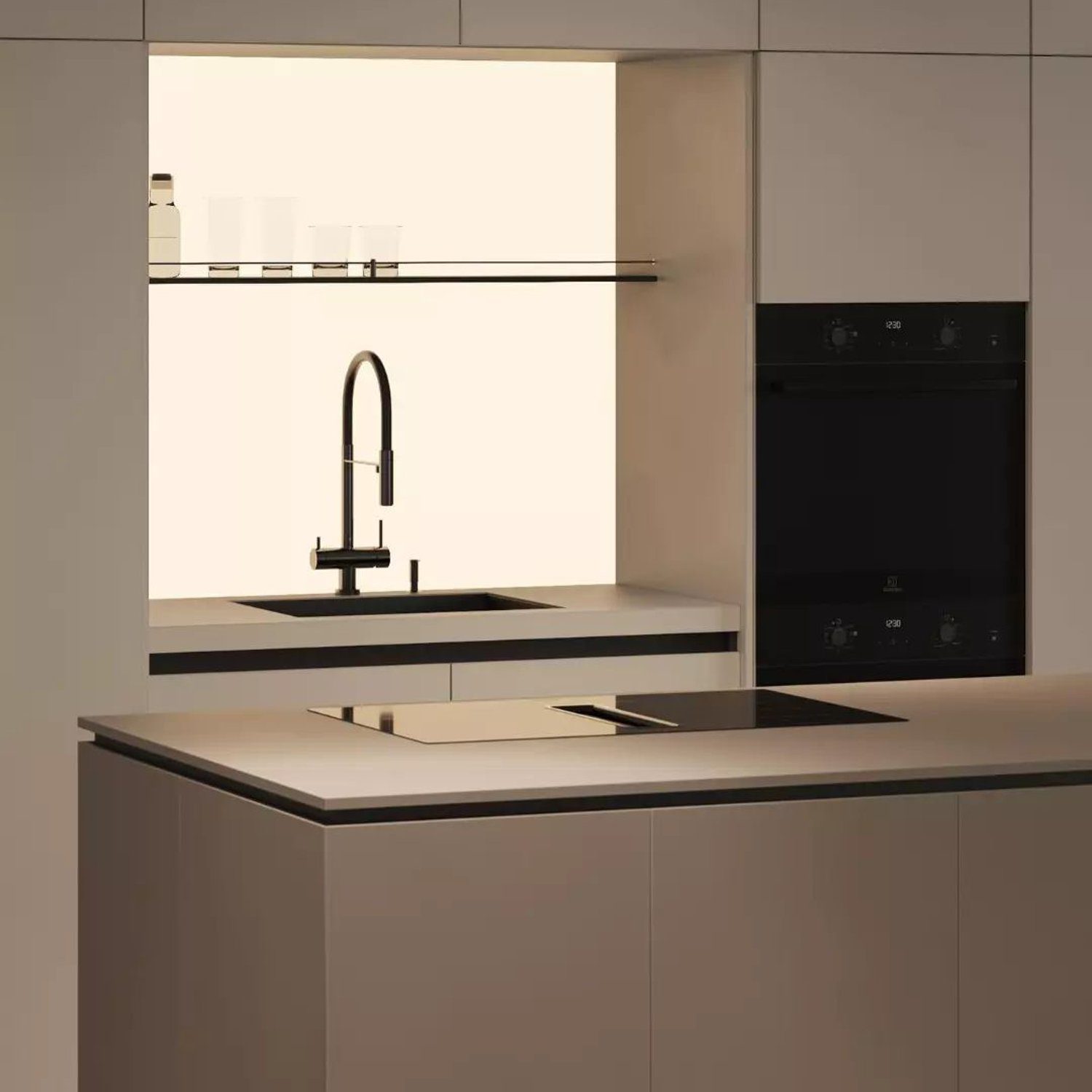 A modern minimalist kitchen with sleek lines and neutral tones