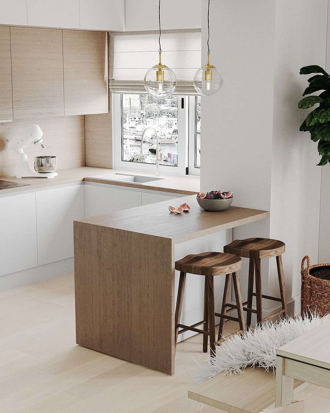 A modern kitchen with minimalistic design featuring wooden textures and sleek surfaces.