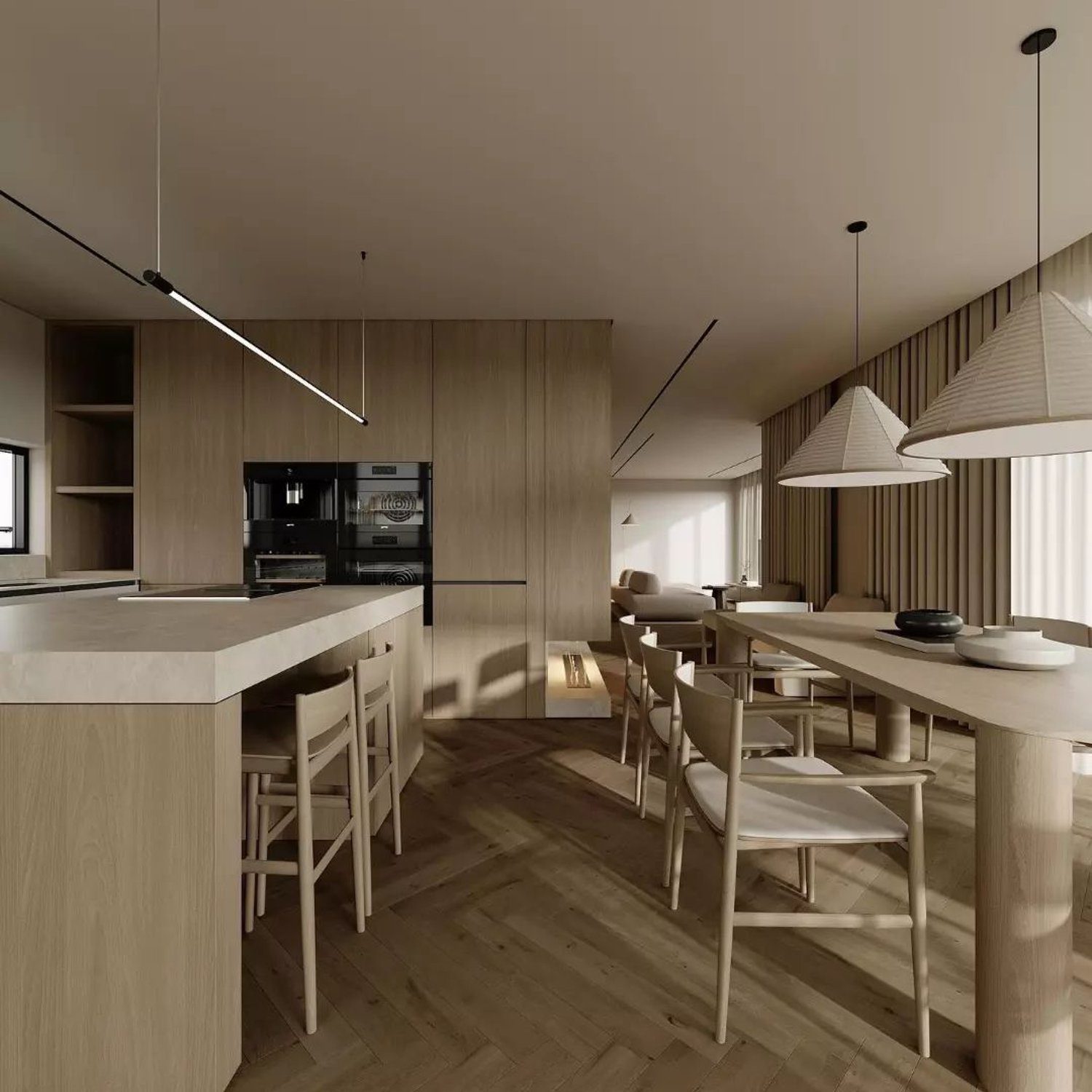 A modern kitchen and dining area with a minimalist design