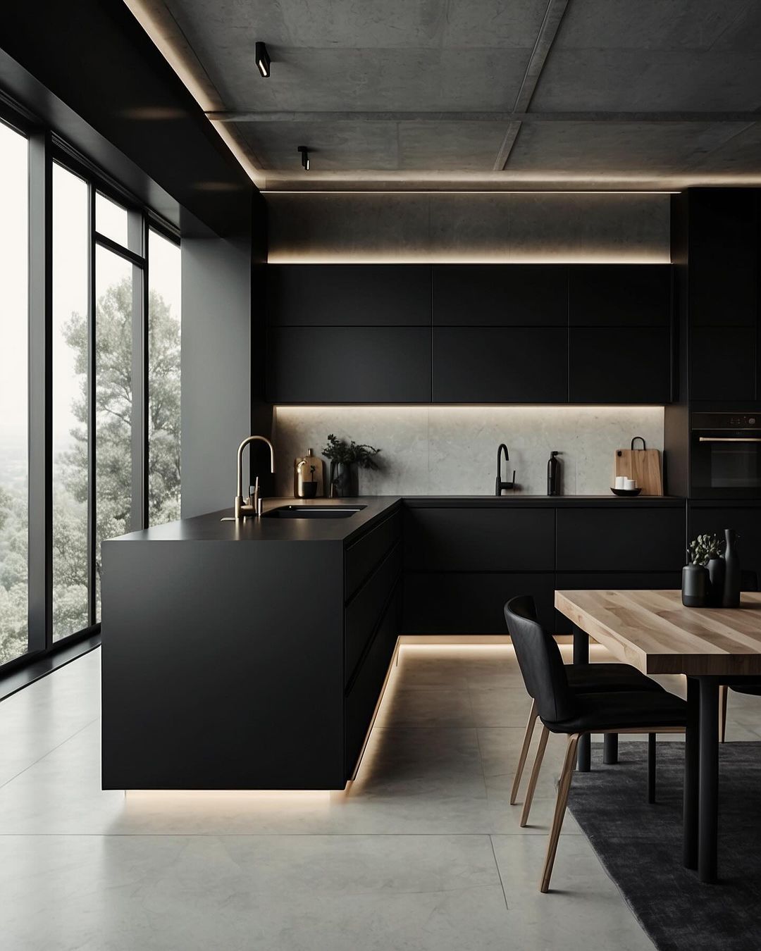 A sleek and modern kitchen with a minimalist aesthetic featuring matte black cabinetry and integrated appliances