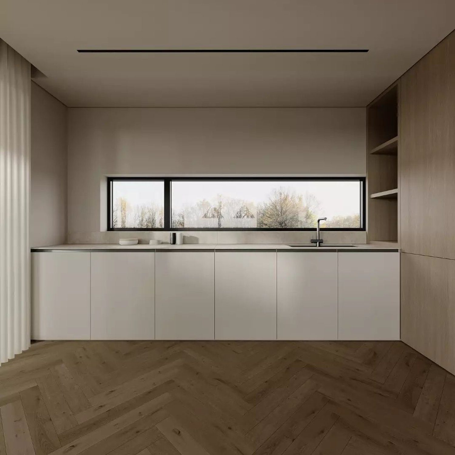 A minimalist kitchen with herringbone parquet floor